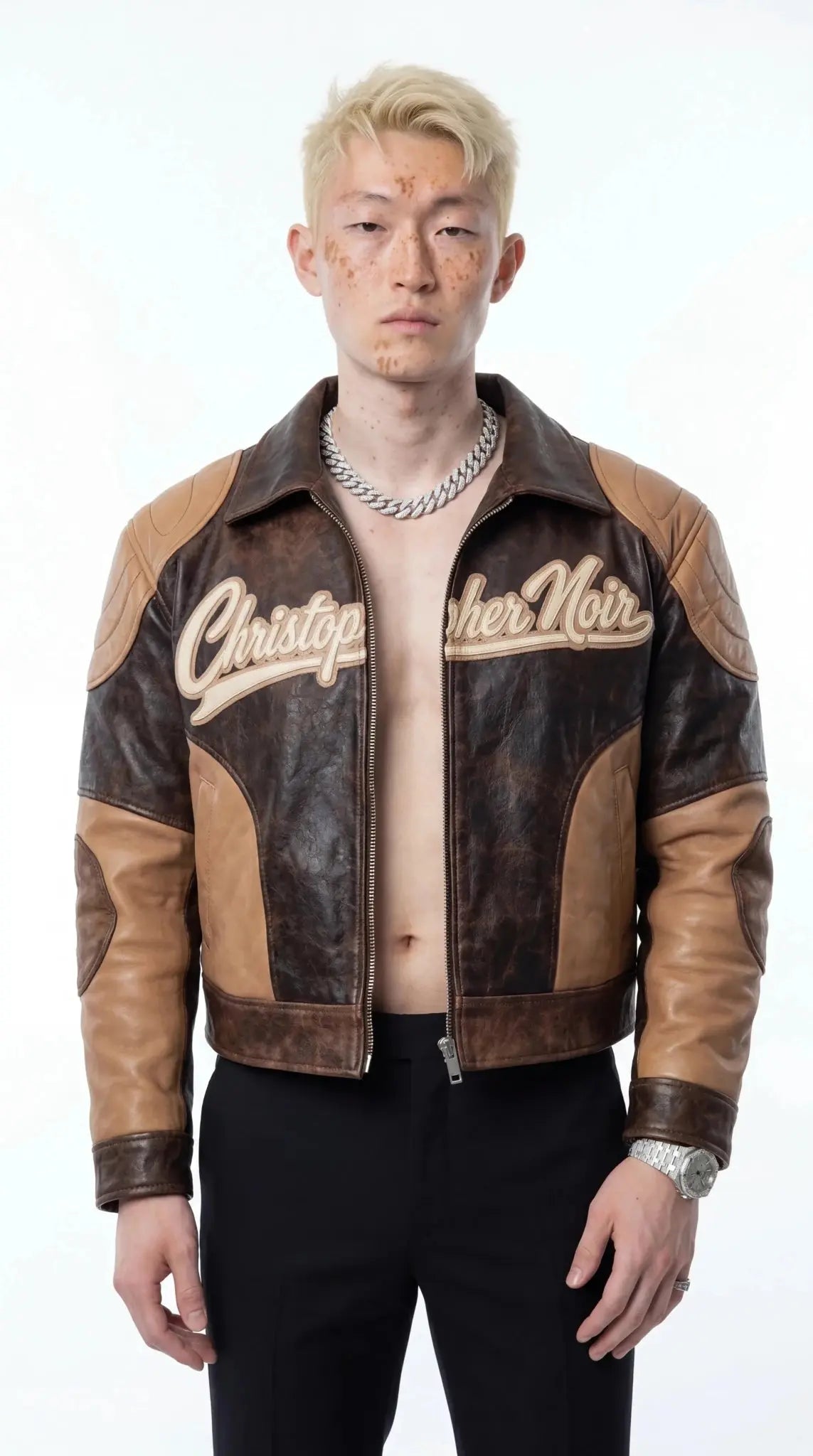 Distressed brown cowhide moto jacket with contrast panels — CNOIR