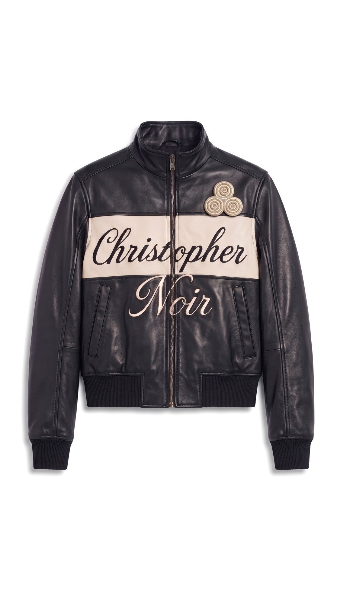 The Noir Coll — Black Leather Signature Bomber Jacket – flatlay, Christopher Noir
