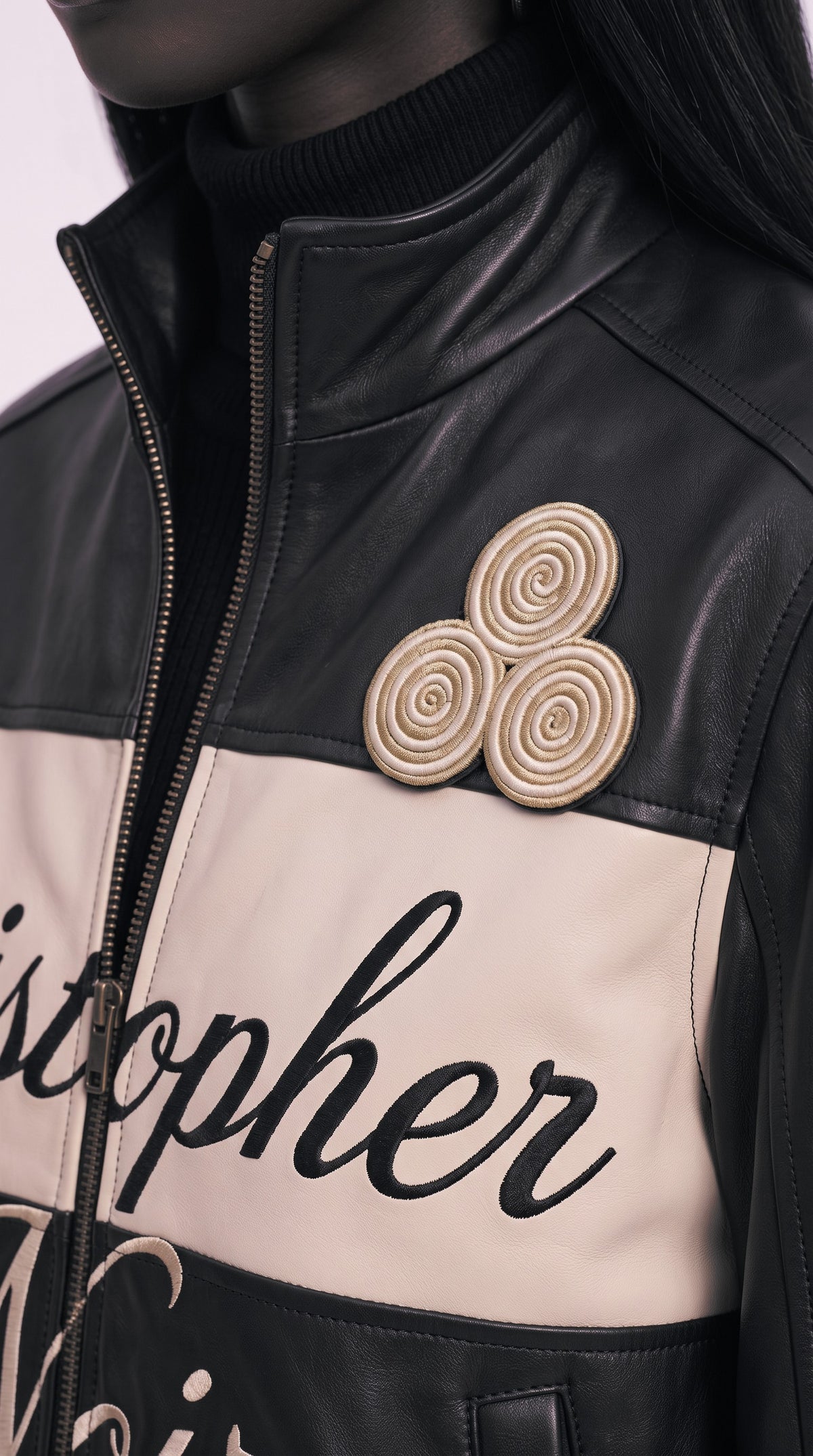 The Noir Coll — Black Leather Signature Bomber Jacket – detail close-up, Christopher Noir