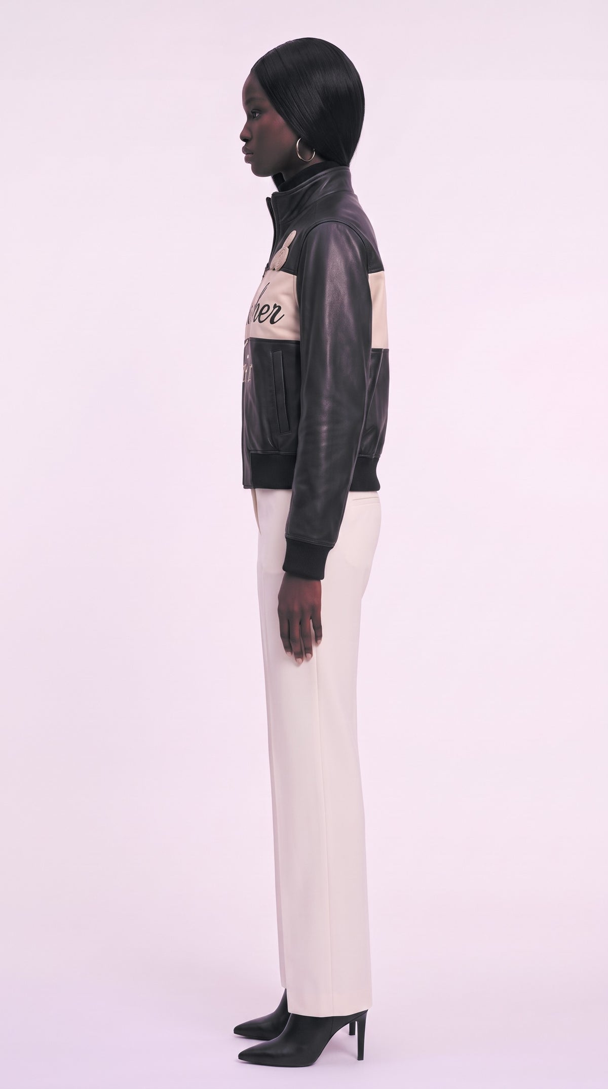 The Noir Coll — Black Leather Signature Bomber Jacket – side profile, Christopher Noir