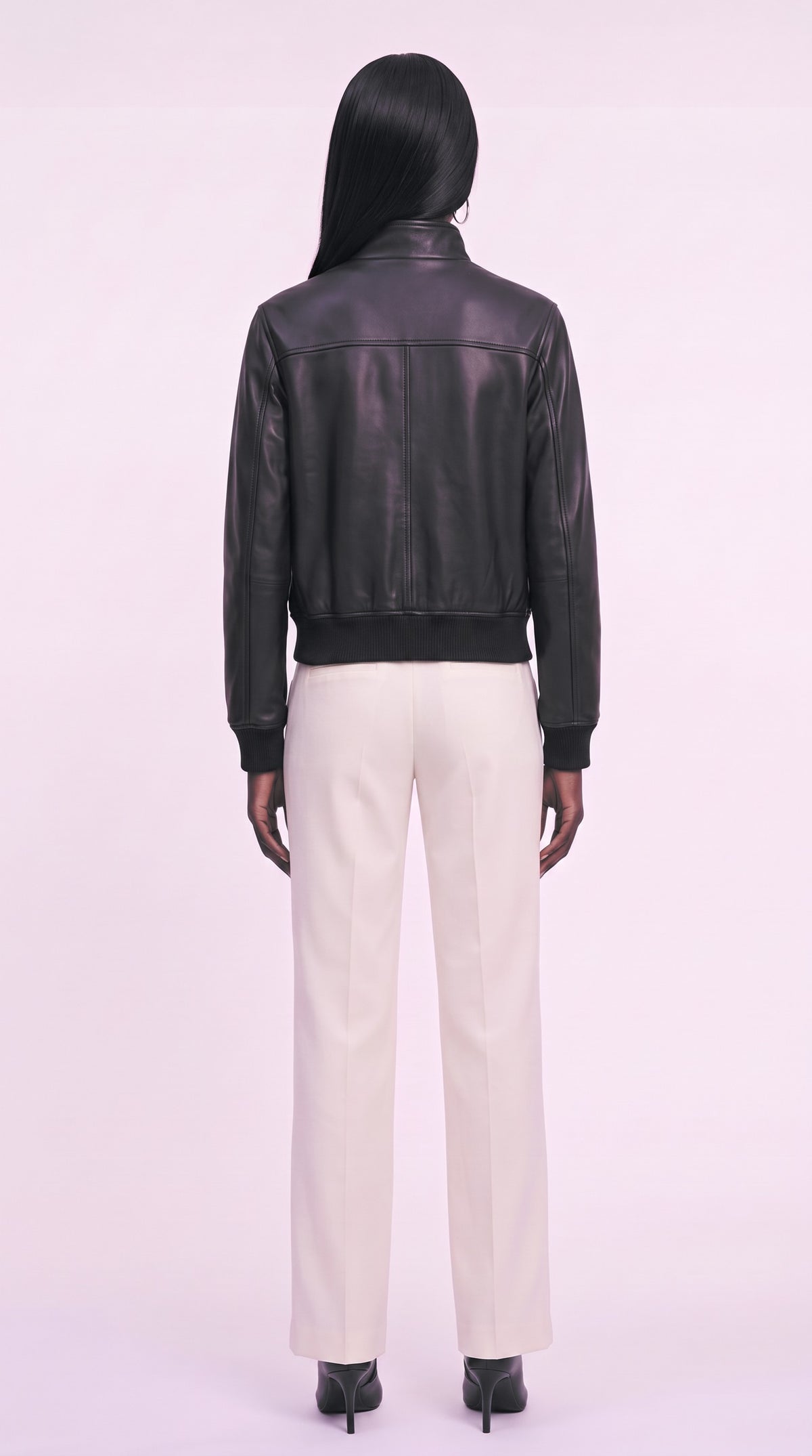 The Noir Coll — Black Leather Signature Bomber Jacket – back view, Christopher Noir