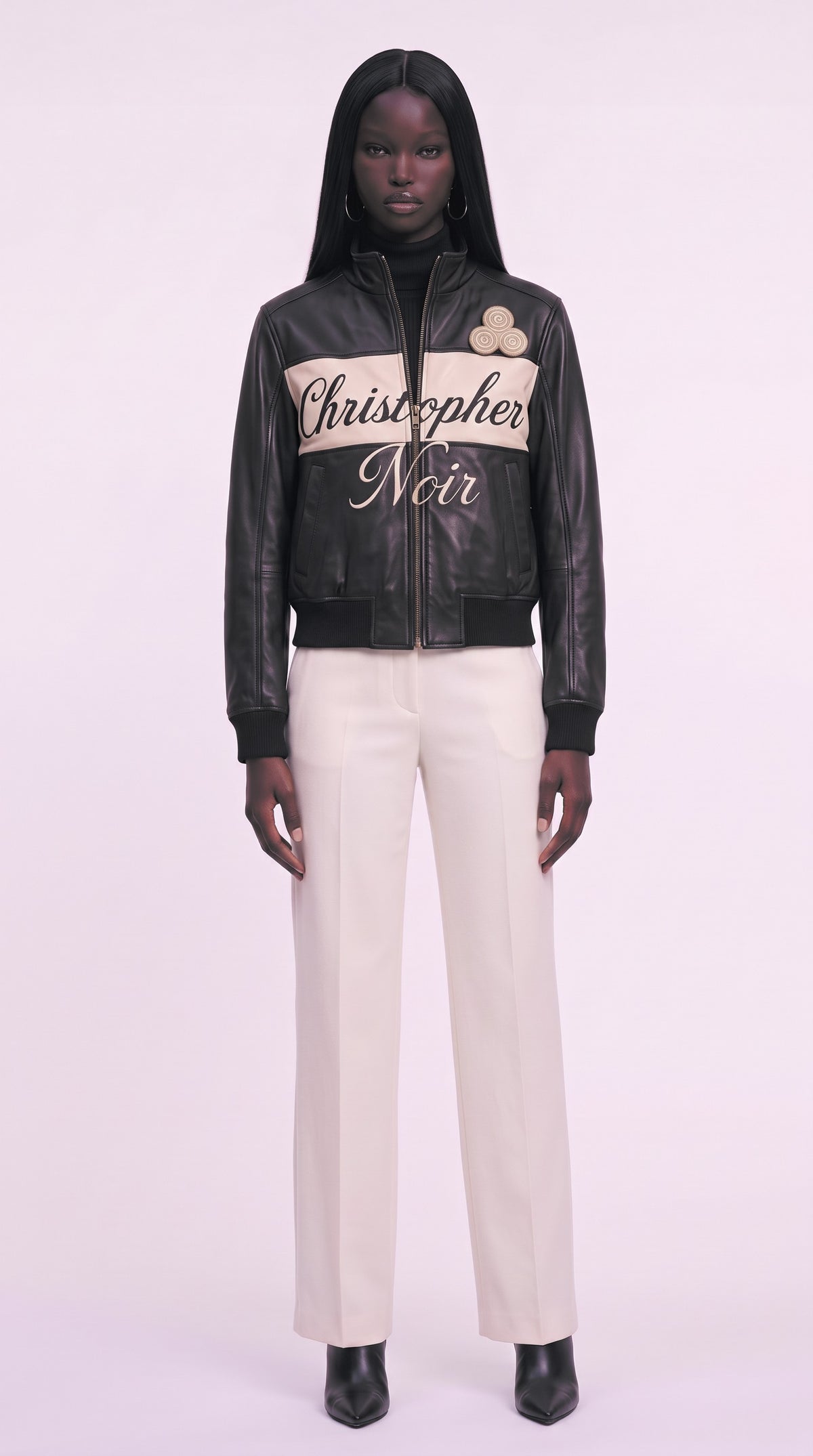 The Noir Coll — Black Leather Signature Bomber Jacket – on model, Christopher Noir