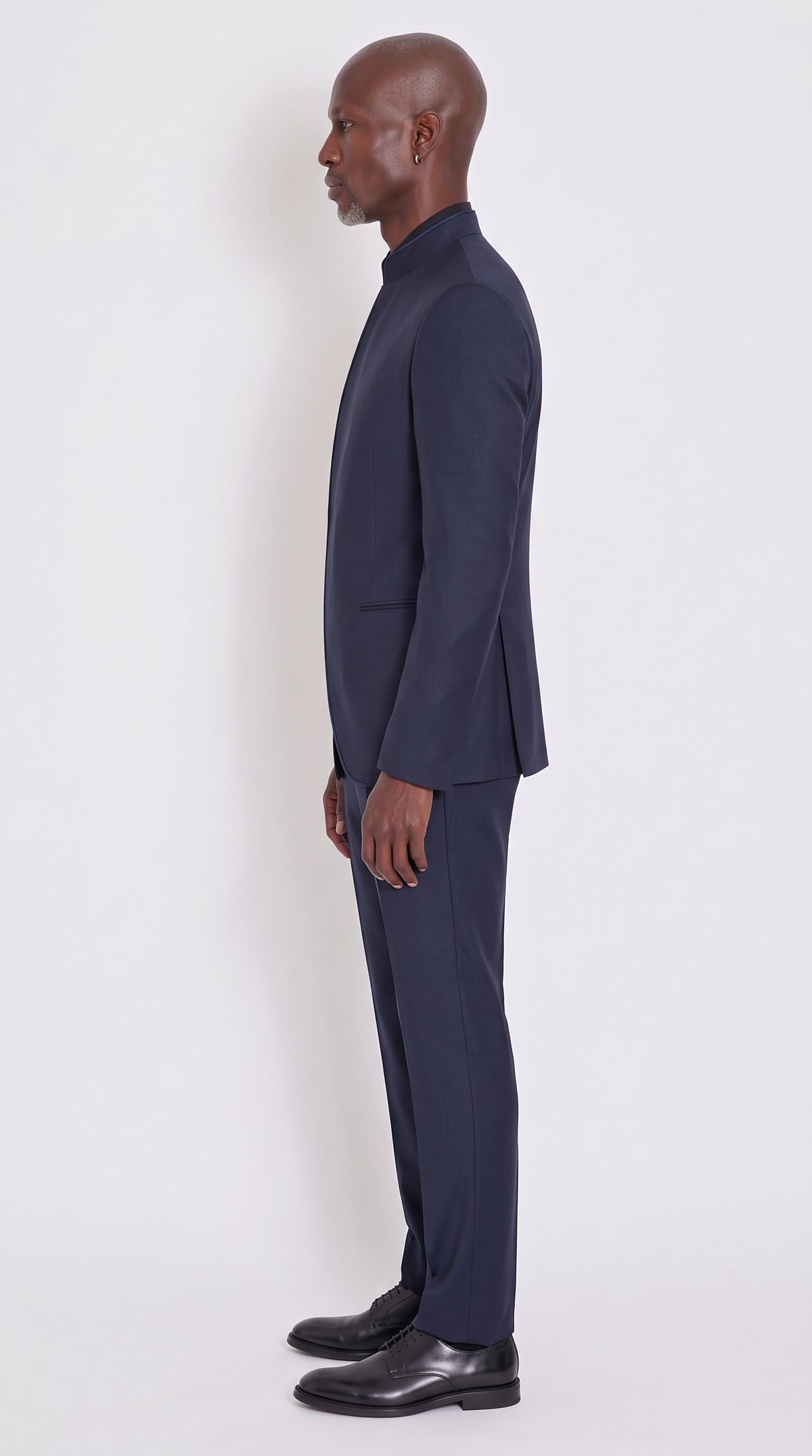 The Noir Crescent Suit — Curved Wrap-Front Mandarin Suit – side profile view, Christopher Noir