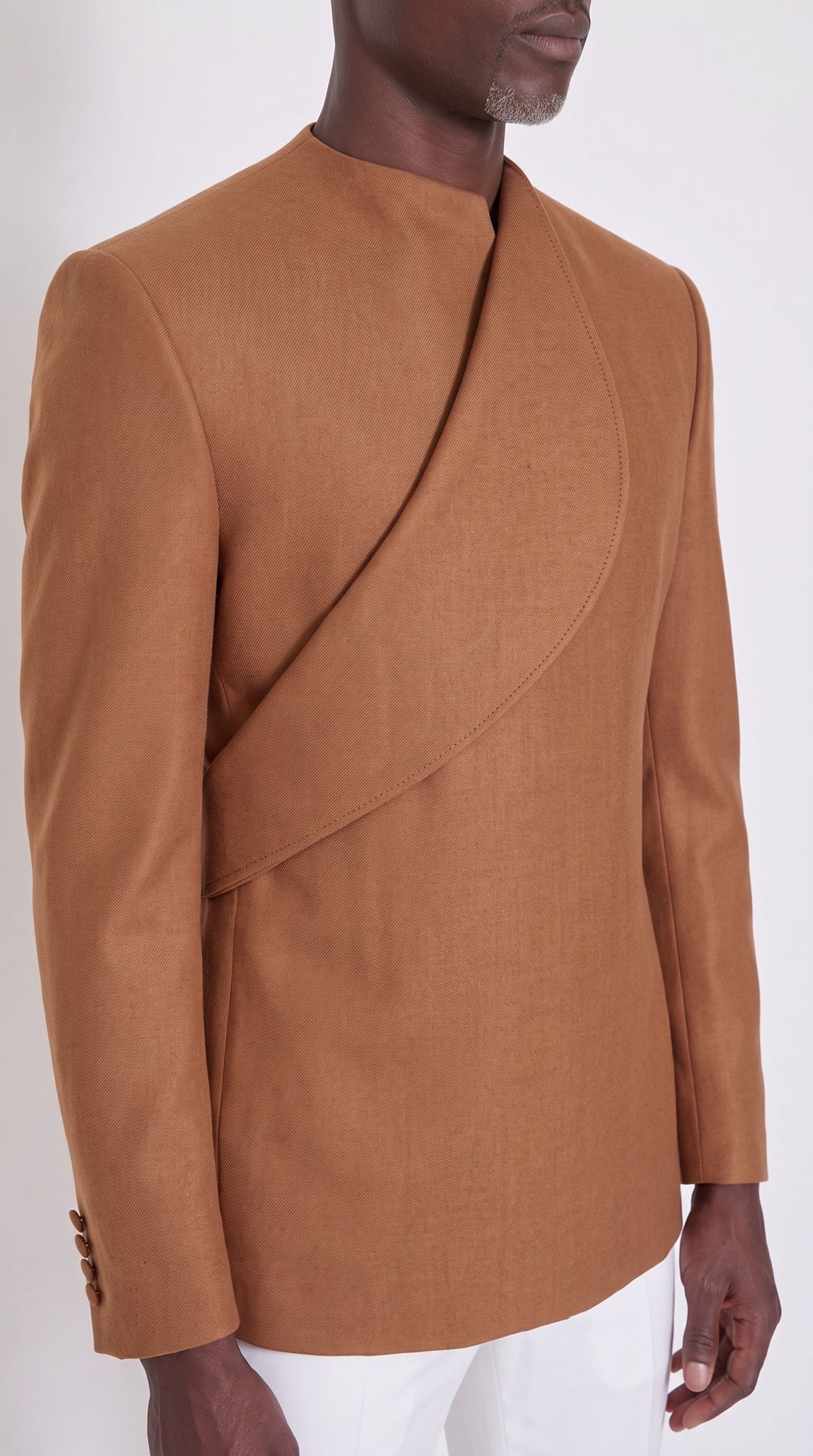 The Noir Dominion Suit — Asymmetric Mandarin Collar Suit – fabric and tailoring detail close-up, Christopher Noir