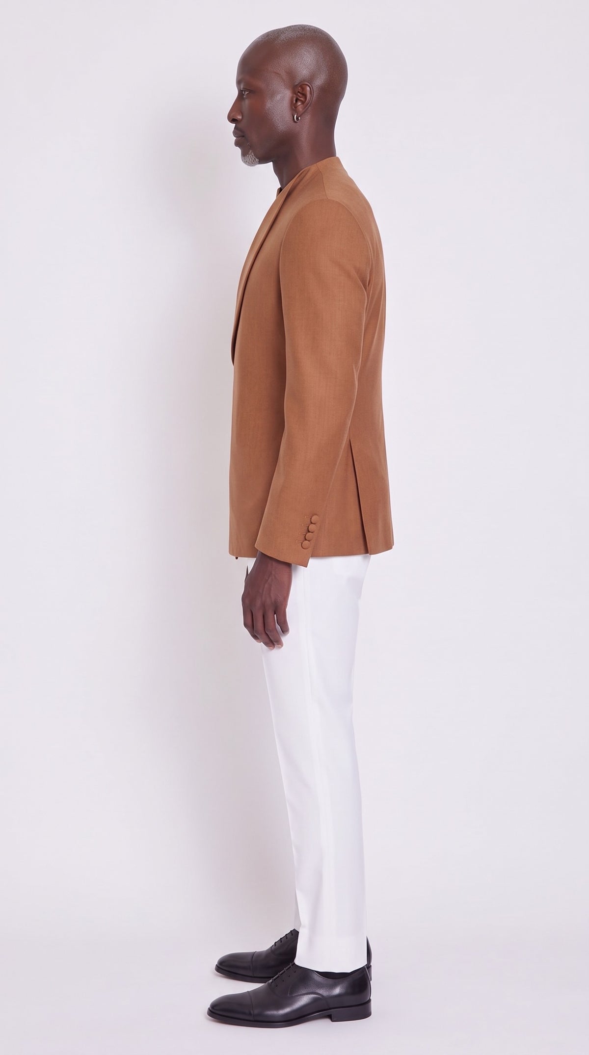 The Noir Dominion Suit — Asymmetric Mandarin Collar Suit – side profile view, Christopher Noir