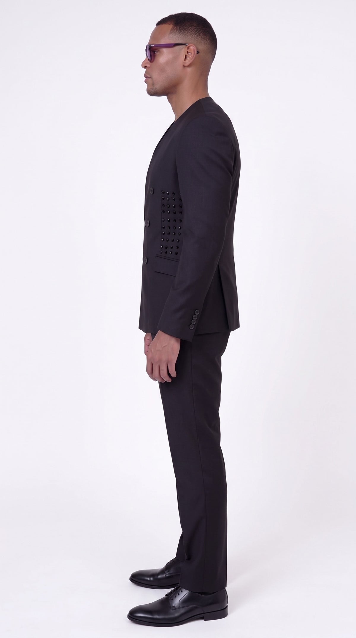 The Noir Eclipse Suit — Collarless V-Neck Suit – side profile view, Christopher Noir