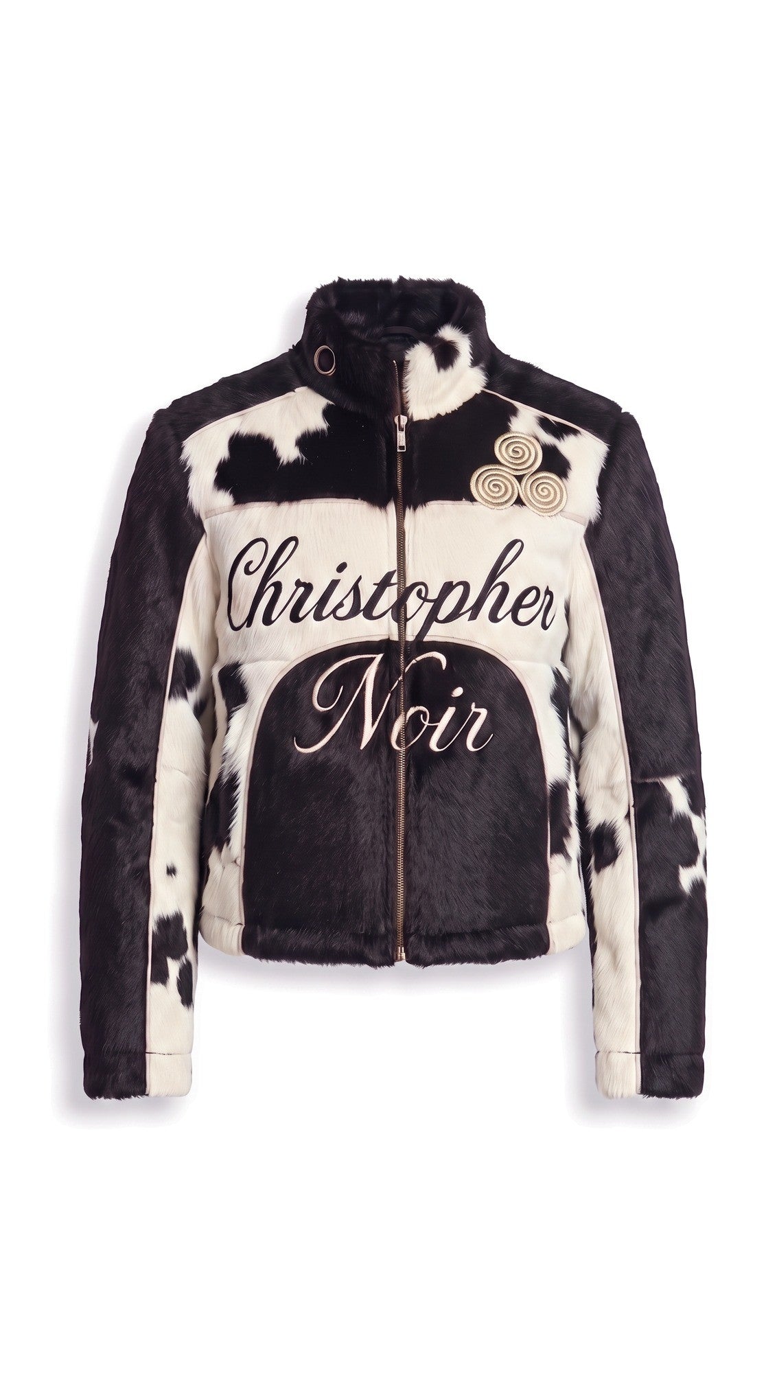 The Noir Eigg — Black & White Hair-On Cowhide Signature Racer Jacket – flatlay, Christopher Noir