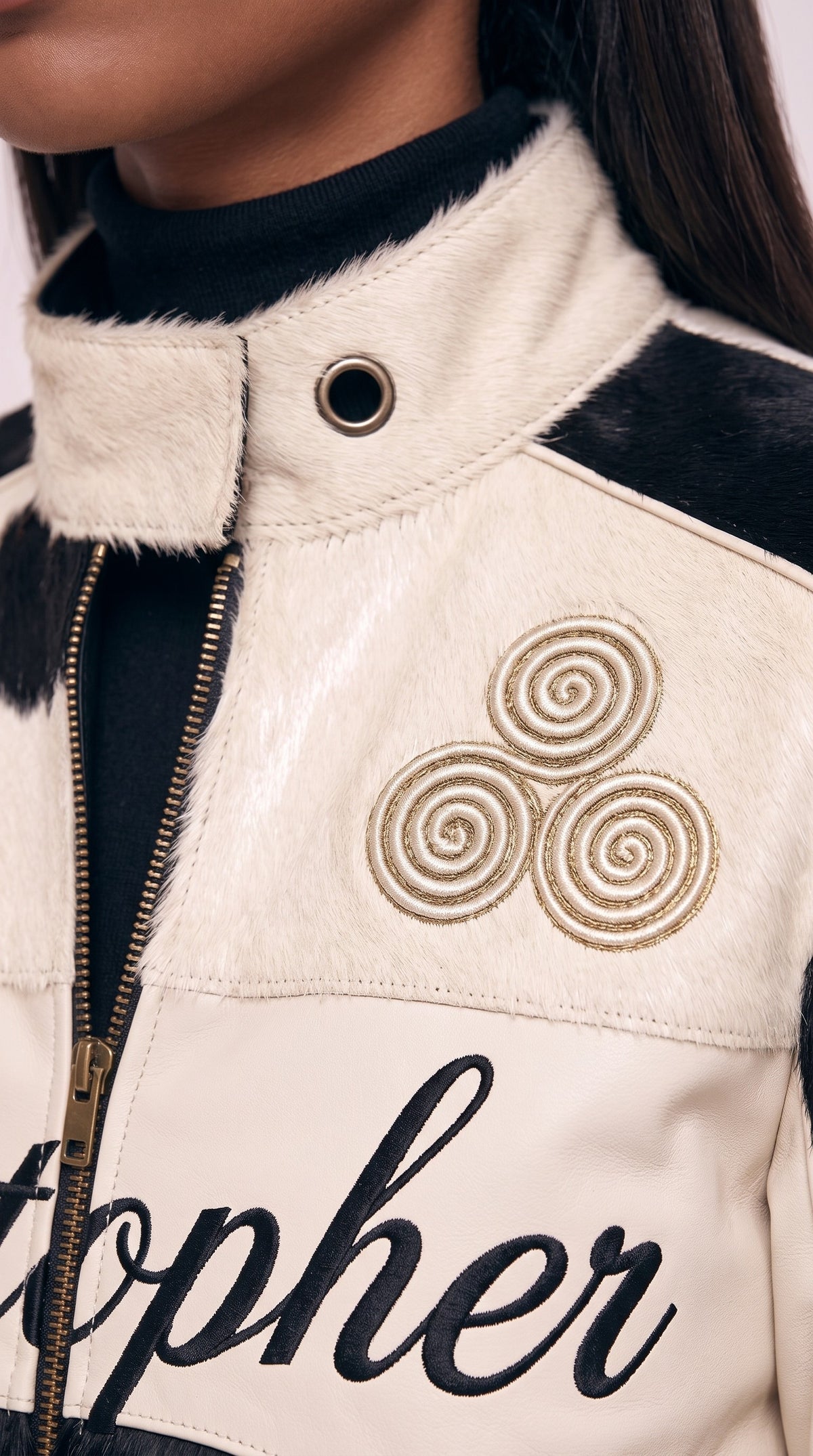 The Noir Eigg — Black & White Hair-On Cowhide Signature Racer Jacket – detail close-up, Christopher Noir