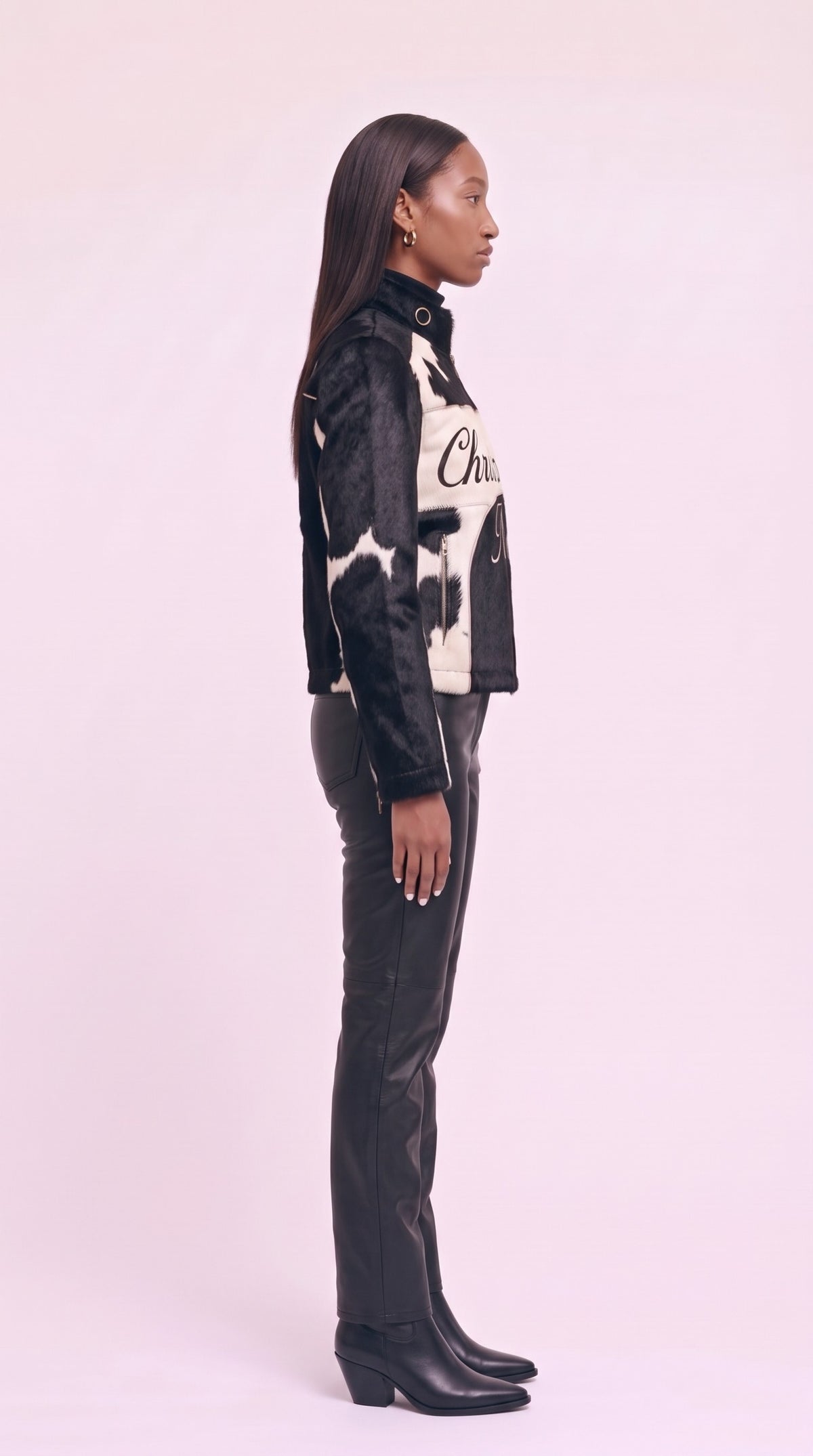 The Noir Eigg — Black & White Hair-On Cowhide Signature Racer Jacket – side profile, Christopher Noir