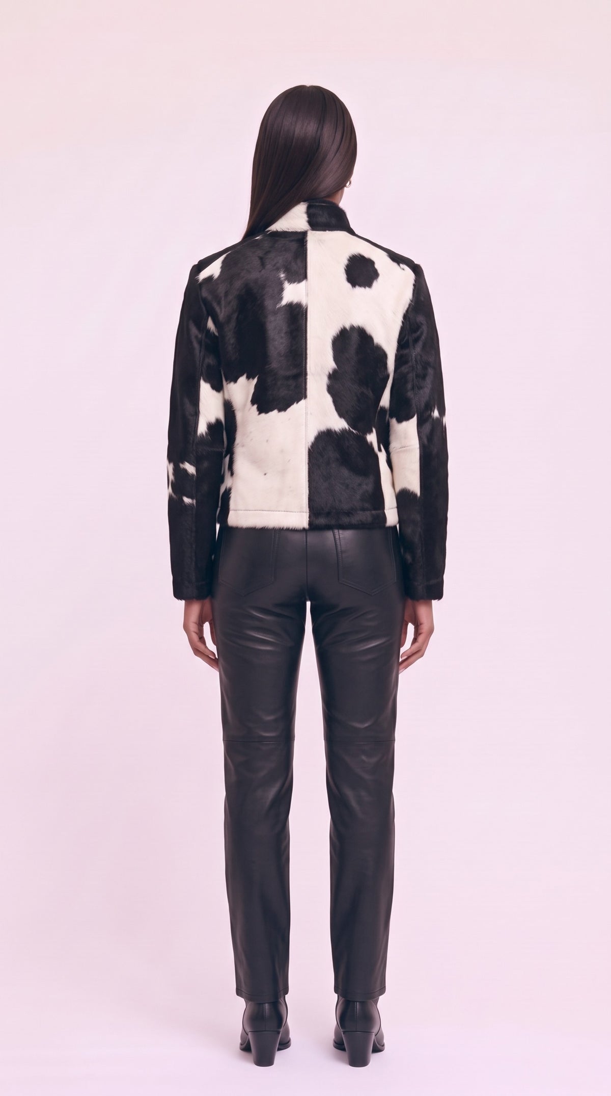 The Noir Eigg — Black & White Hair-On Cowhide Signature Racer Jacket – back view, Christopher Noir