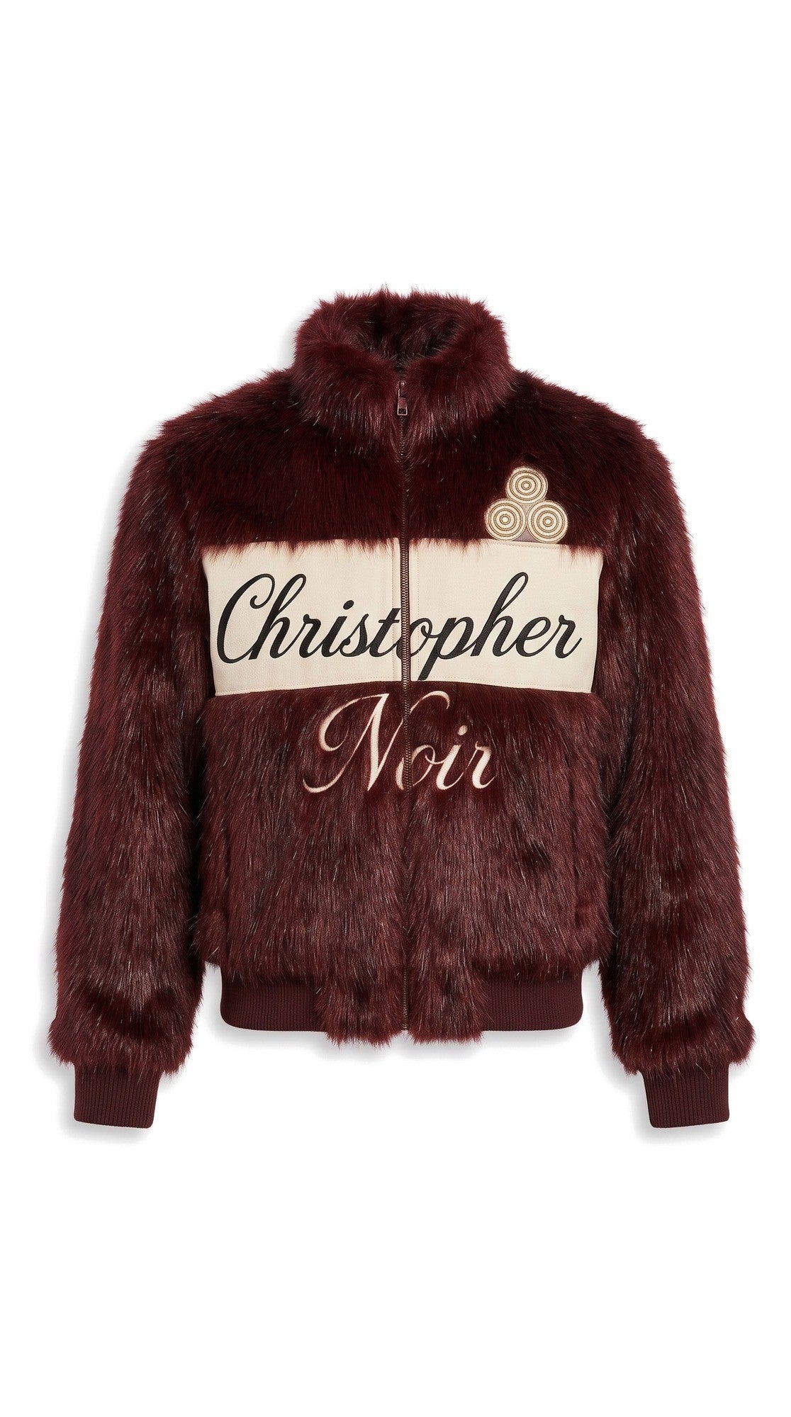The Noir Eriskay — Burgundy Faux-Fur Signature Bomber Jacket – flatlay, Christopher Noir