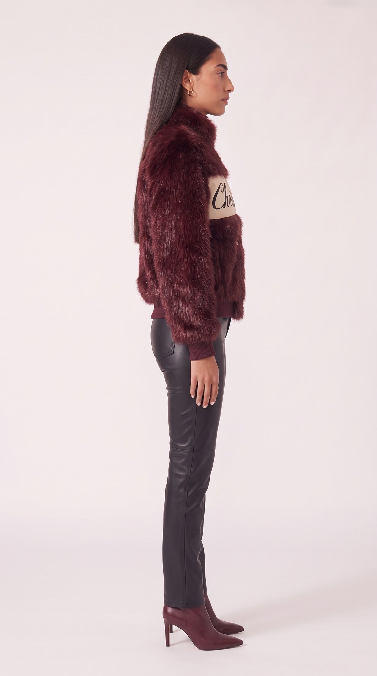 The Noir Eriskay — Burgundy Faux-Fur Signature Bomber Jacket – side profile, Christopher Noir