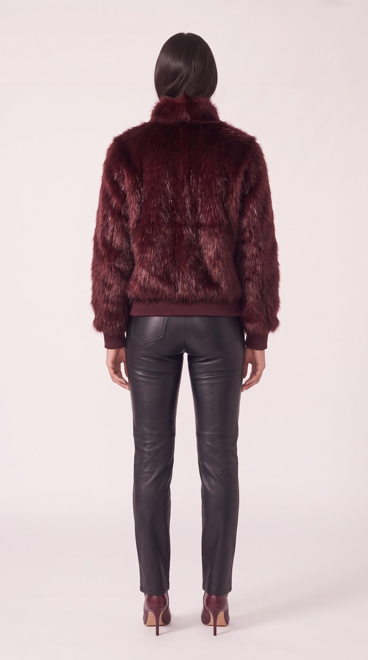 The Noir Eriskay — Burgundy Faux-Fur Signature Bomber Jacket – back view, Christopher Noir