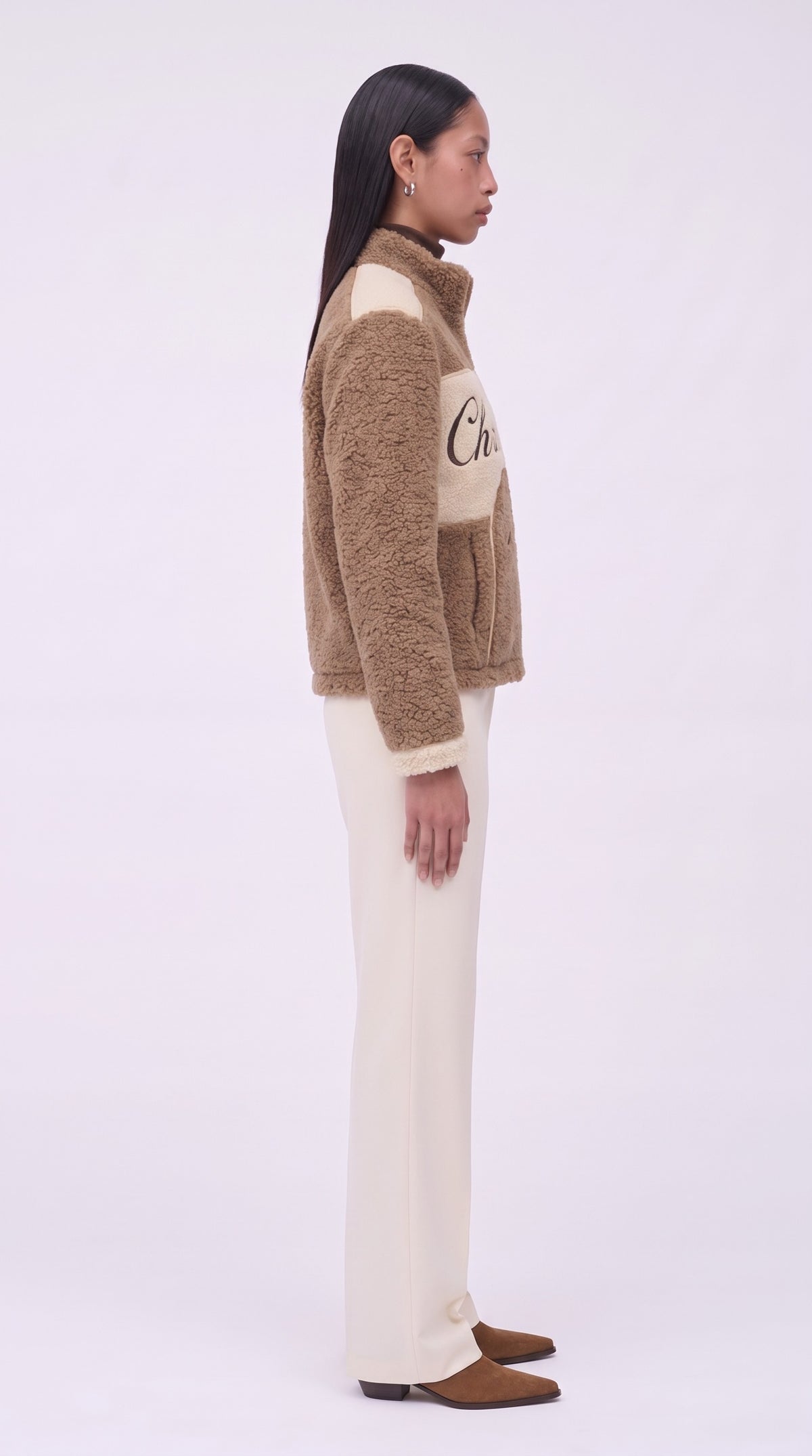 The Noir Gigha — Camel Teddy Signature Racer Jacket – side profile, Christopher Noir