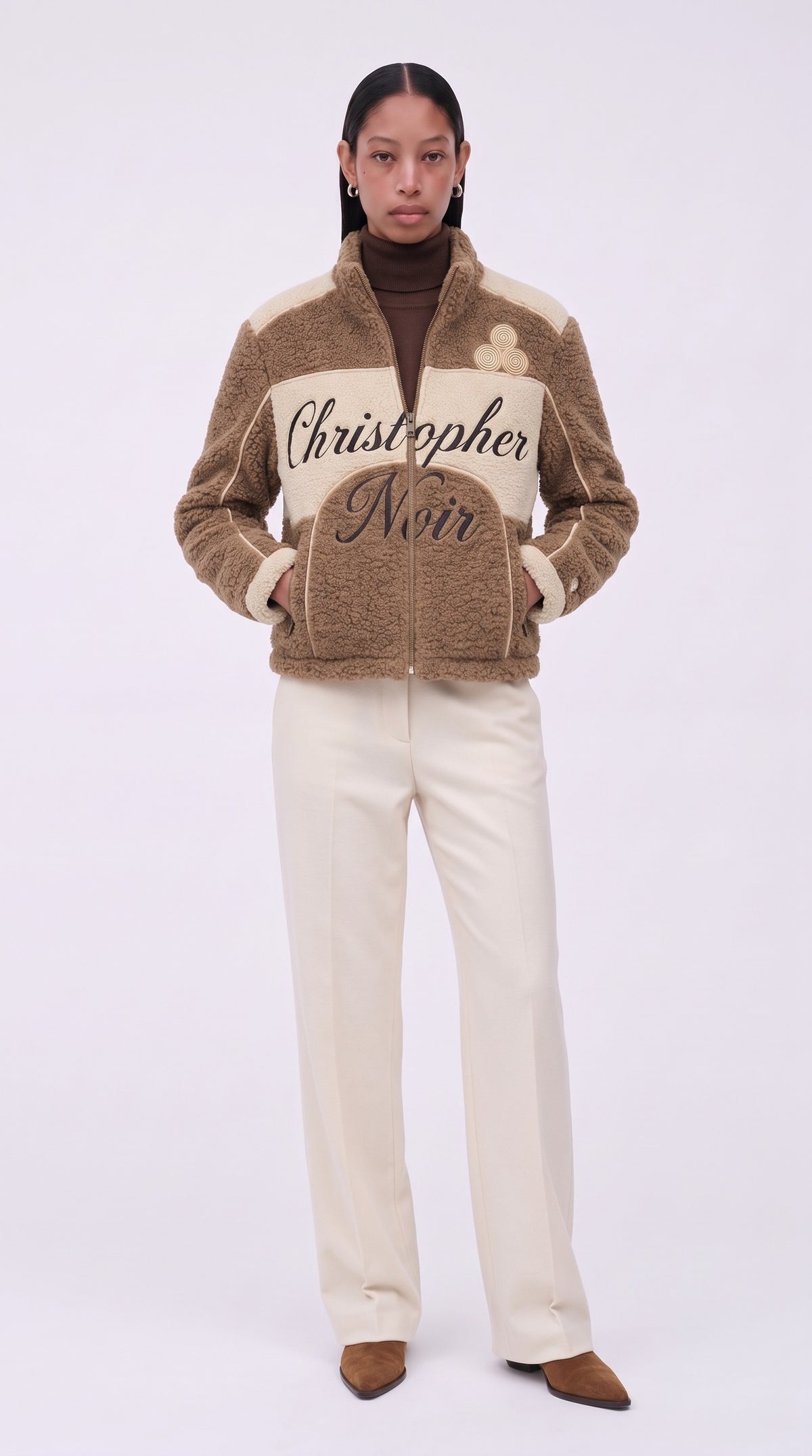 The Noir Gigha — Camel Teddy Signature Racer Jacket – on model, Christopher Noir