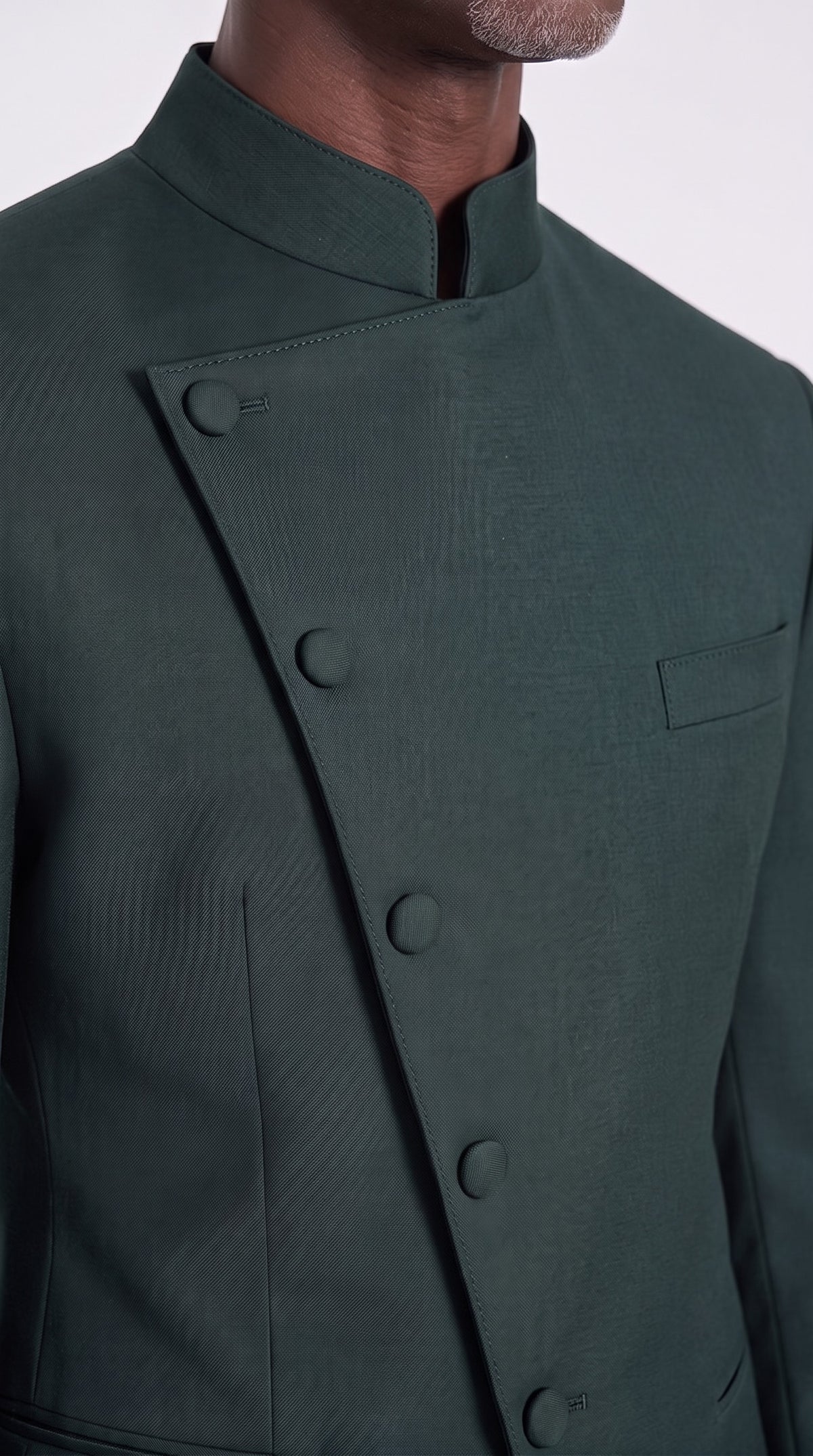 The Noir Imperium Suit — Bandhgala Diagonal-Wrap Suit – fabric and tailoring detail close-up, Christopher Noir