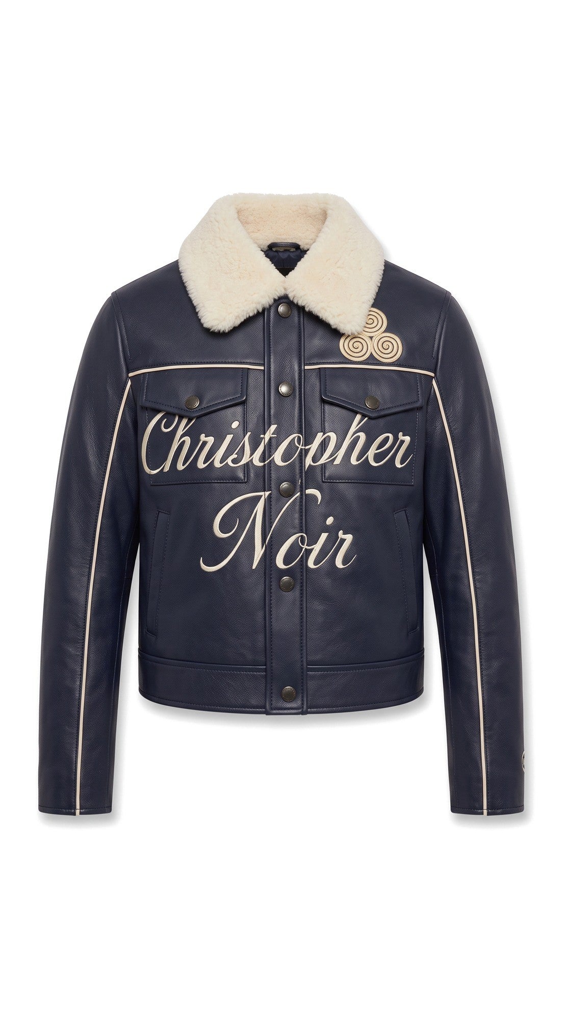 The Noir Luing — Navy Leather Shearling-Collar Signature Trucker Jacket – flatlay, Christopher Noir