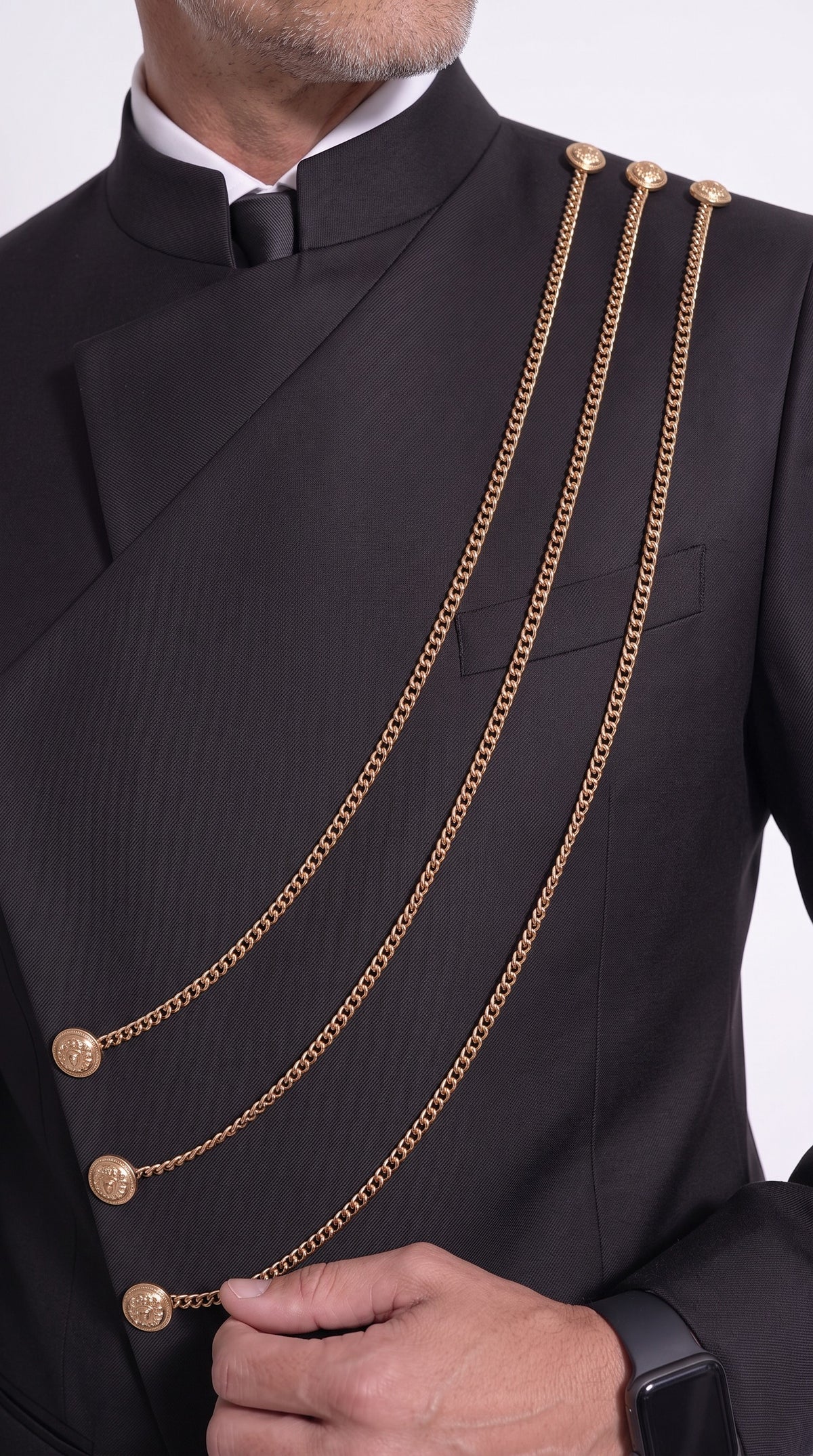 The Noir Mark III Suit — Gold-Cord Mandarin Collar Suit – fabric and tailoring detail close-up, Christopher Noir