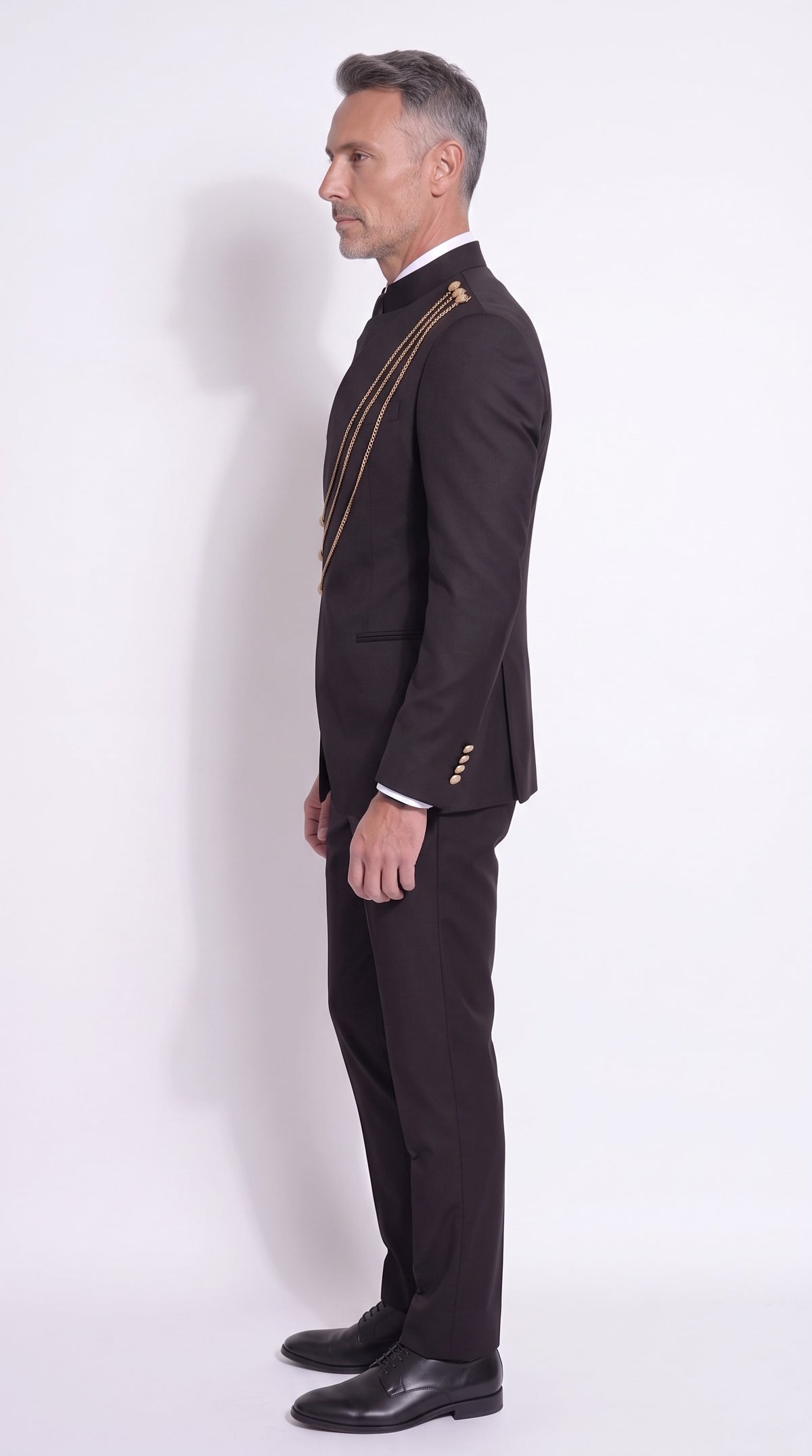 The Noir Mark III Suit — Gold-Cord Mandarin Collar Suit – side profile view, Christopher Noir