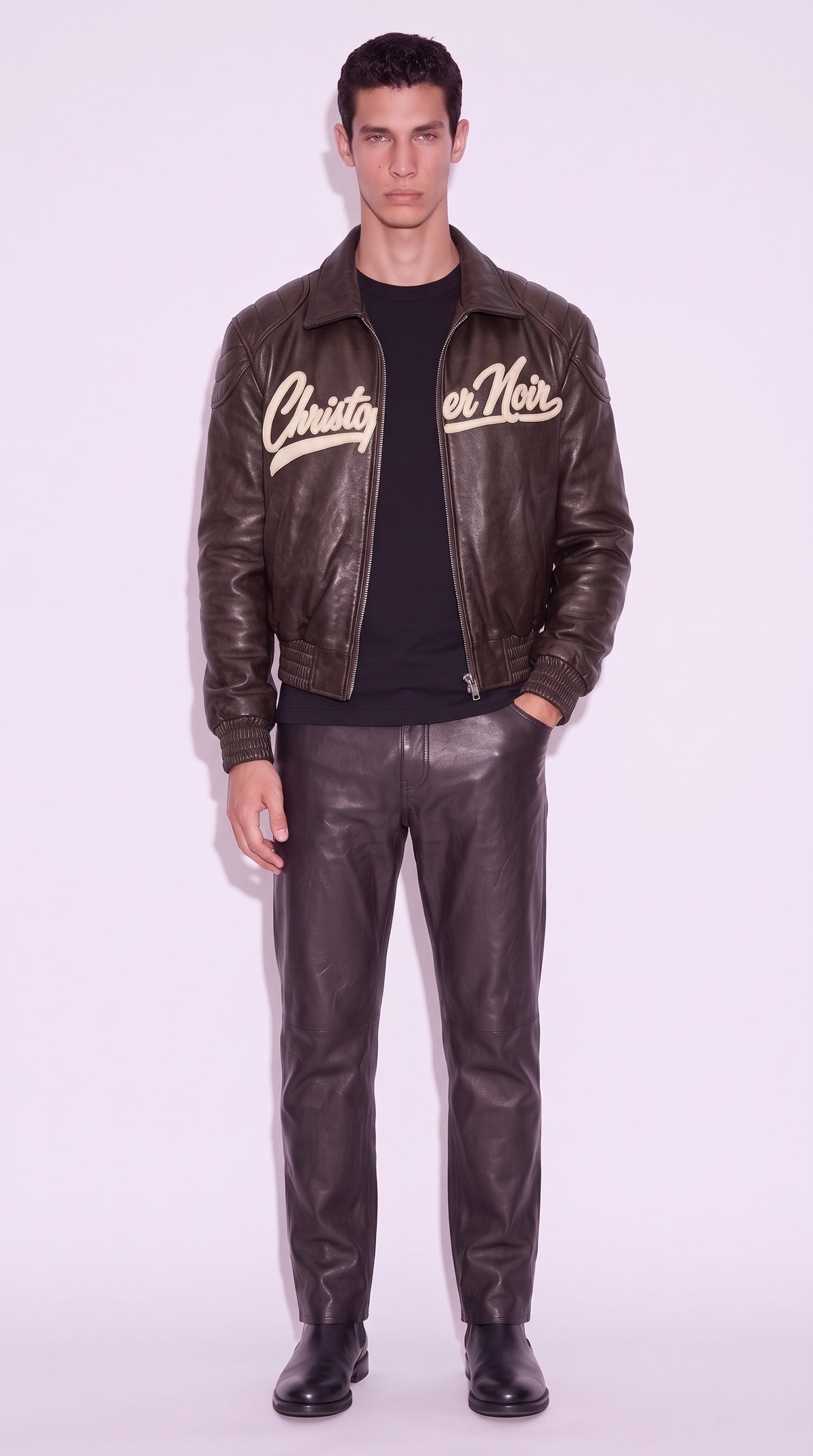 The Noir Origine — Vintage Brown Leather Bomber Jacket (Unisex) – on model, Christopher Noir