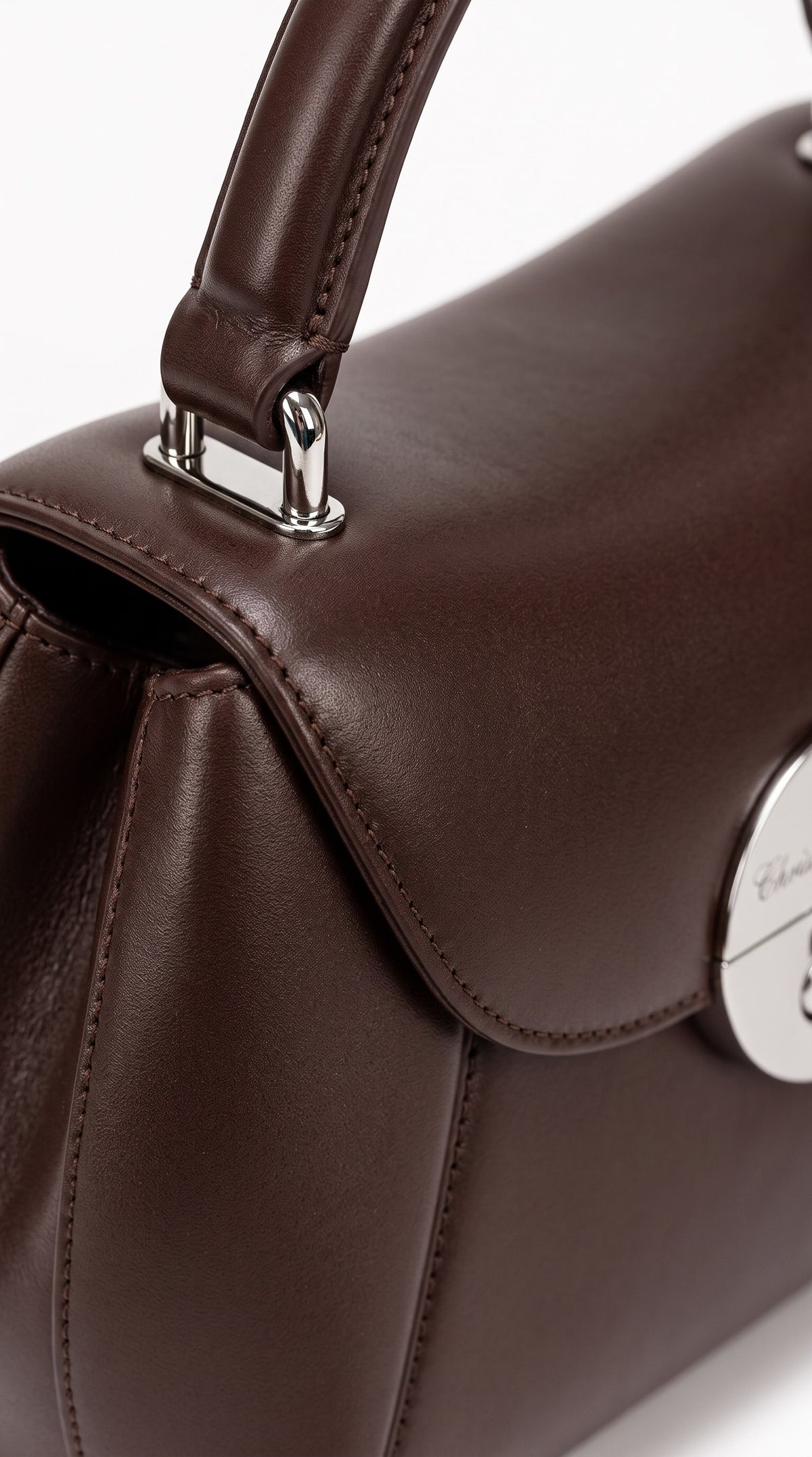 The Noir Padstow — Chocolate Top-Handle Handbag – detail close-up, Christopher Noir