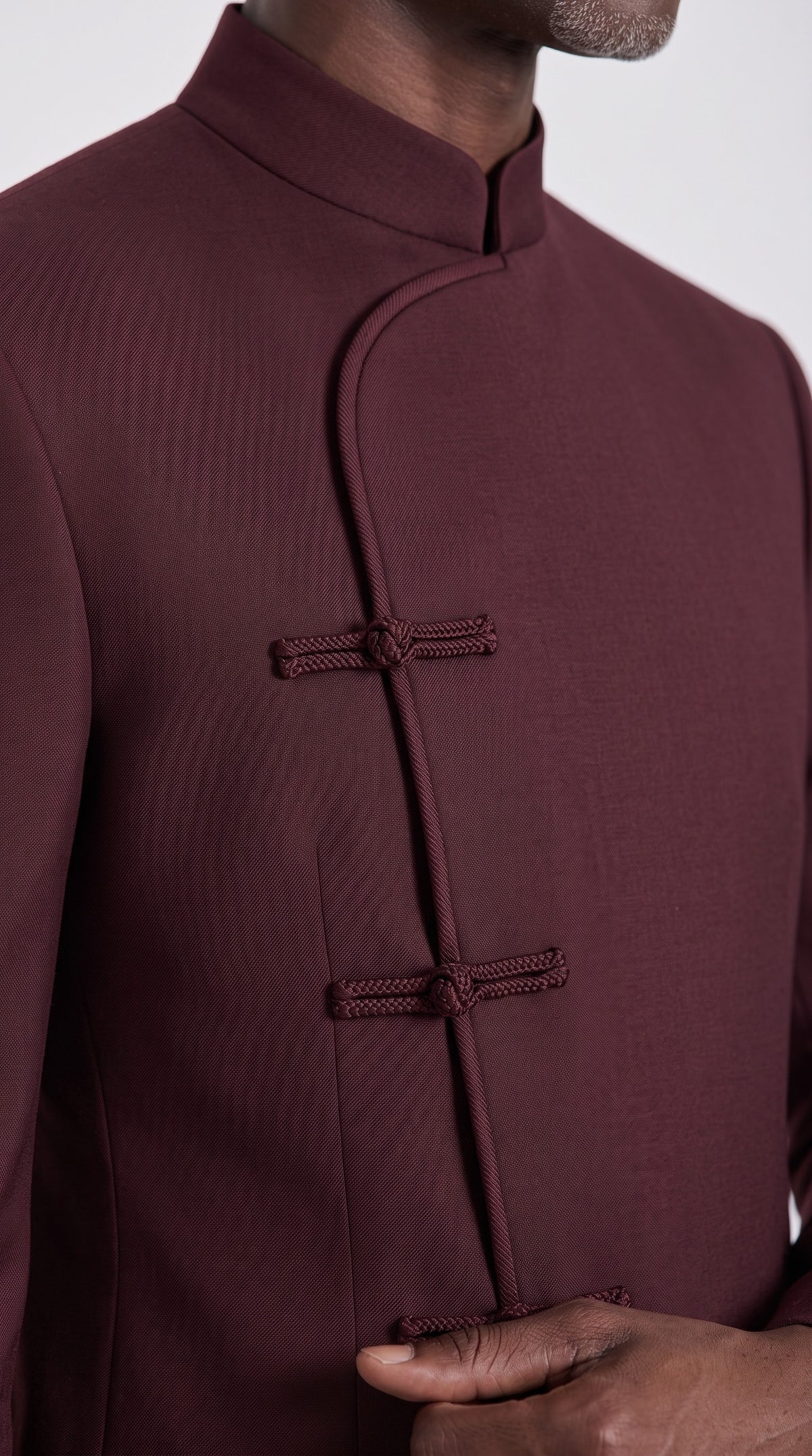 The Noir Regalia Suit — Frog-Closure Nehru Suit – fabric and tailoring detail close-up, Christopher Noir