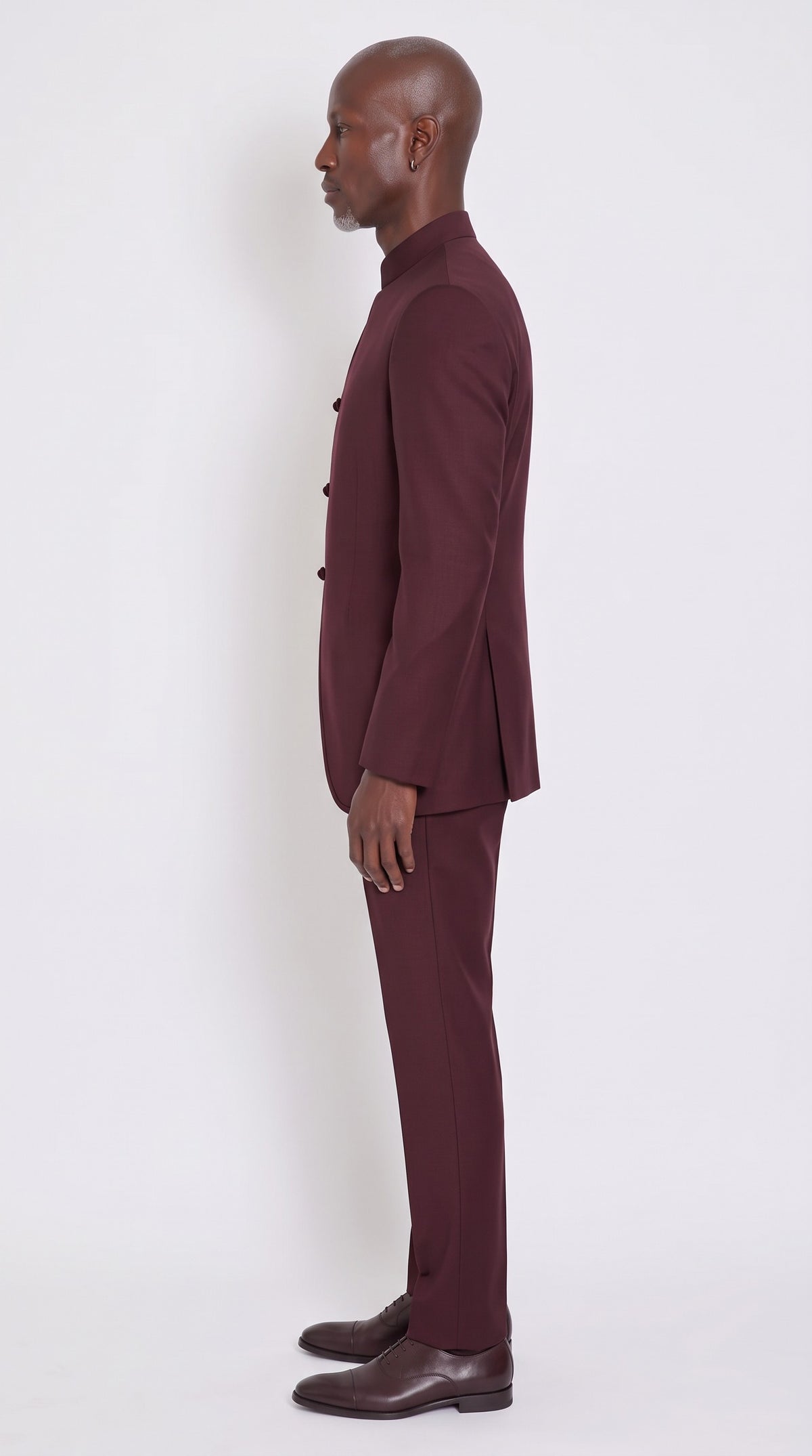 The Noir Regalia Suit — Frog-Closure Nehru Suit – side profile view, Christopher Noir