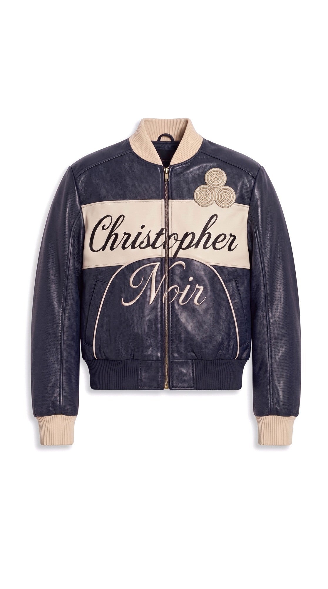 The Noir Rum — Navy Leather Signature Varsity Jacket – flatlay, Christopher Noir
