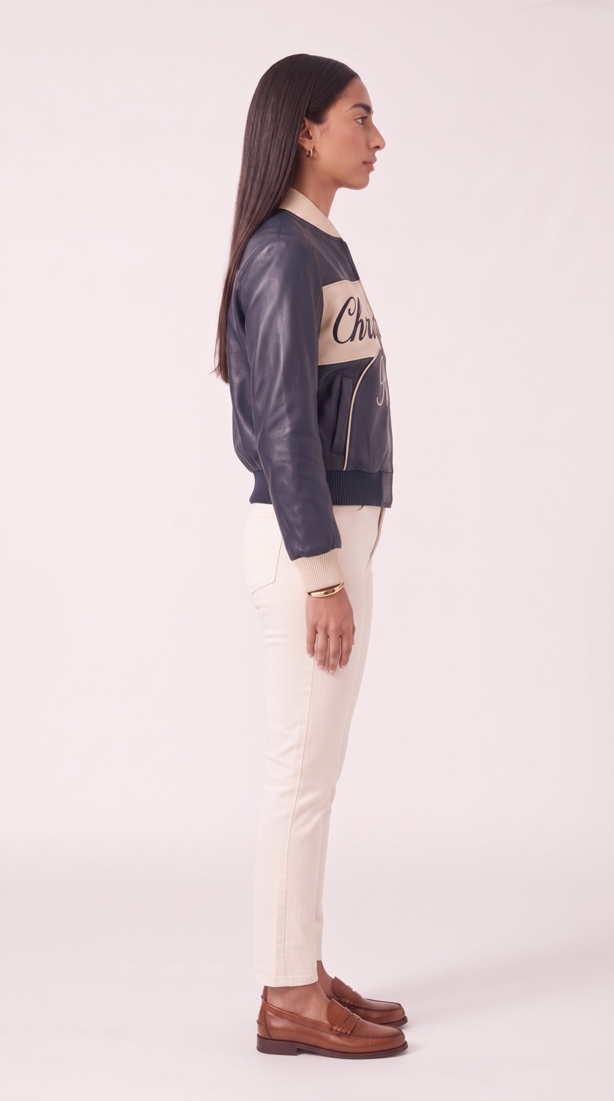 The Noir Rum — Navy Leather Signature Varsity Jacket – side profile, Christopher Noir
