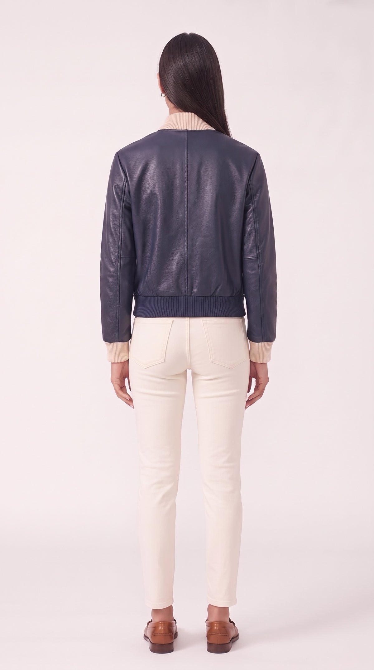 The Noir Rum — Navy Leather Signature Varsity Jacket – back view, Christopher Noir