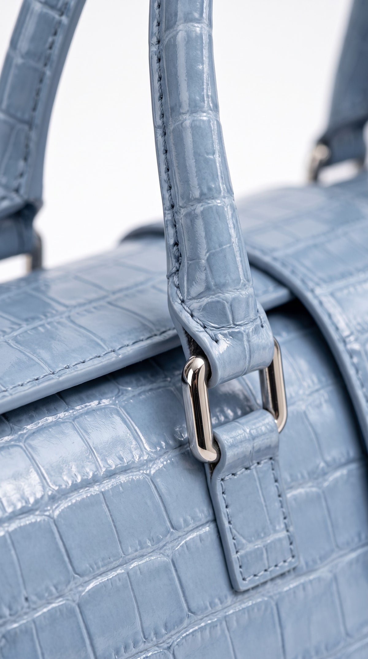 The Noir Sherborne — Sky Blue Croc-Effect Handbag – detail close-up, Christopher Noir