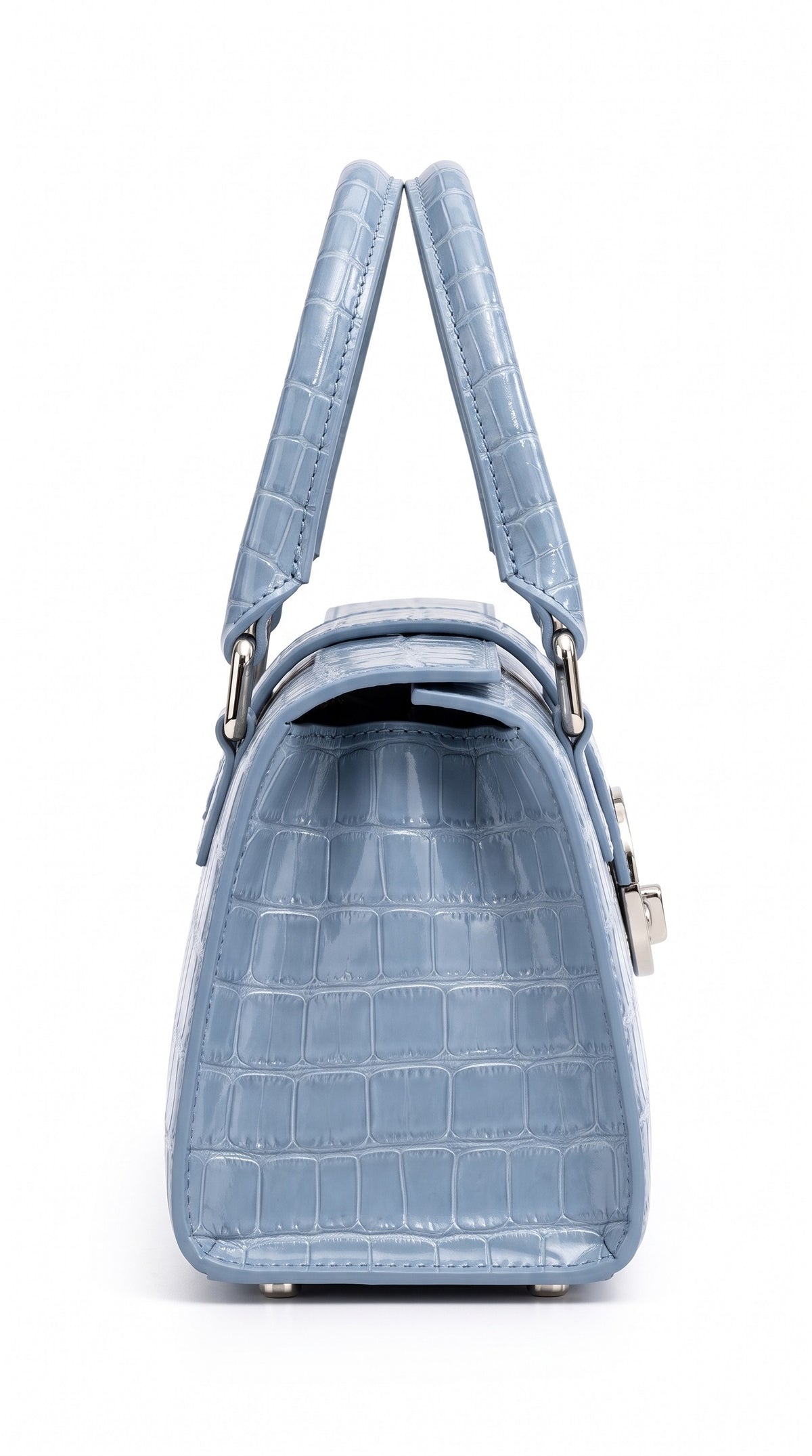 The Noir Sherborne — Sky Blue Croc-Effect Handbag – side profile, Christopher Noir