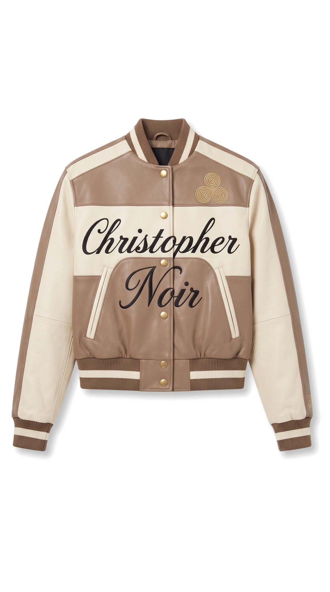 The Noir Shuna — Taupe & Cream Leather Signature Varsity Jacket – flatlay, Christopher Noir