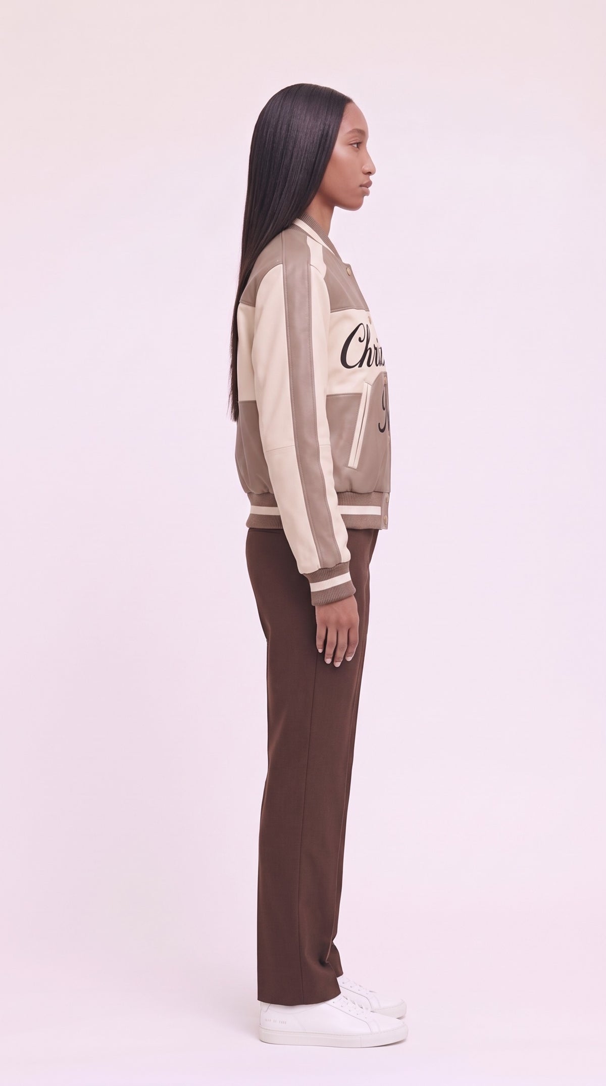 The Noir Shuna — Taupe & Cream Leather Signature Varsity Jacket – side profile, Christopher Noir