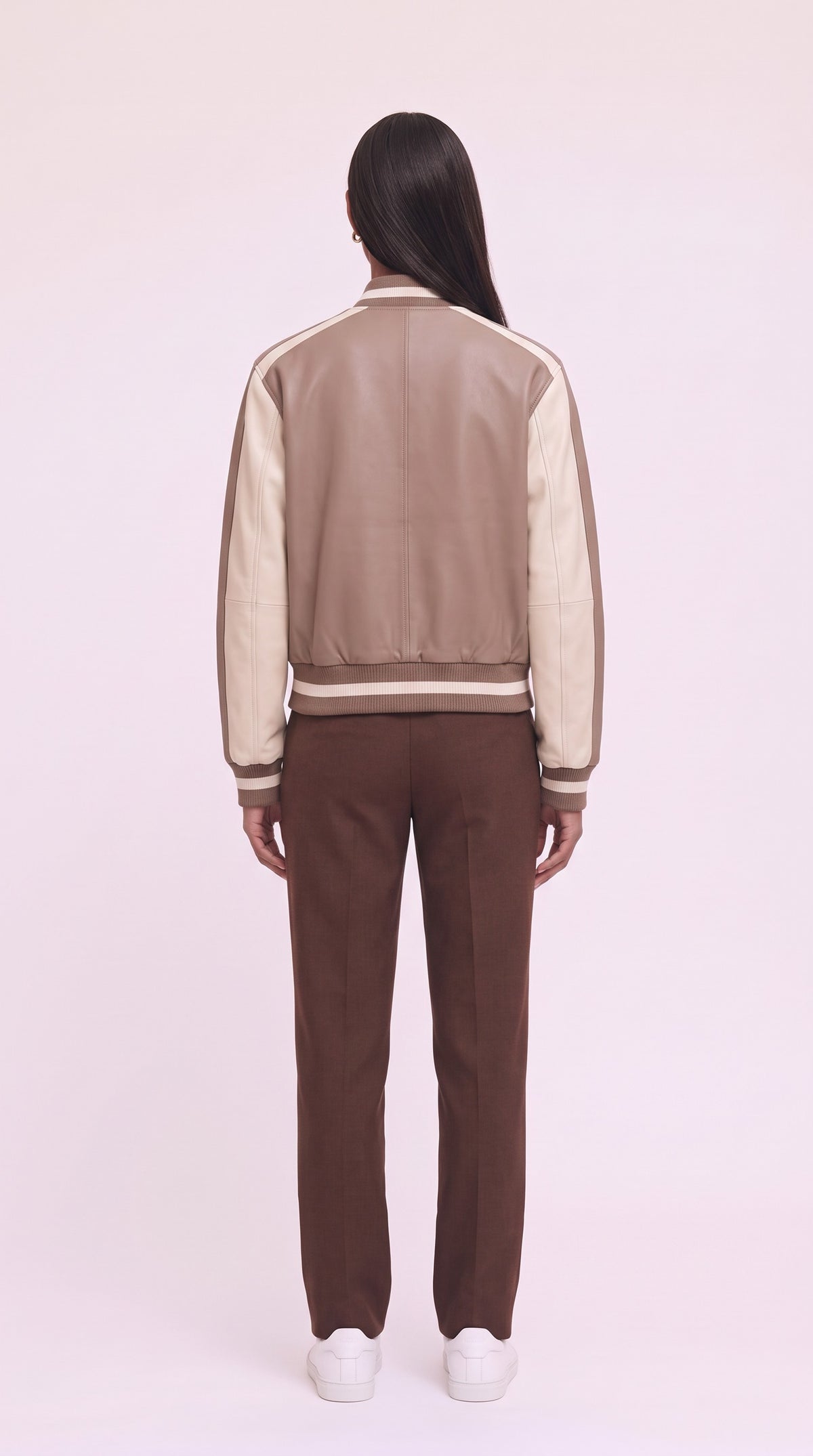 The Noir Shuna — Taupe & Cream Leather Signature Varsity Jacket – back view, Christopher Noir
