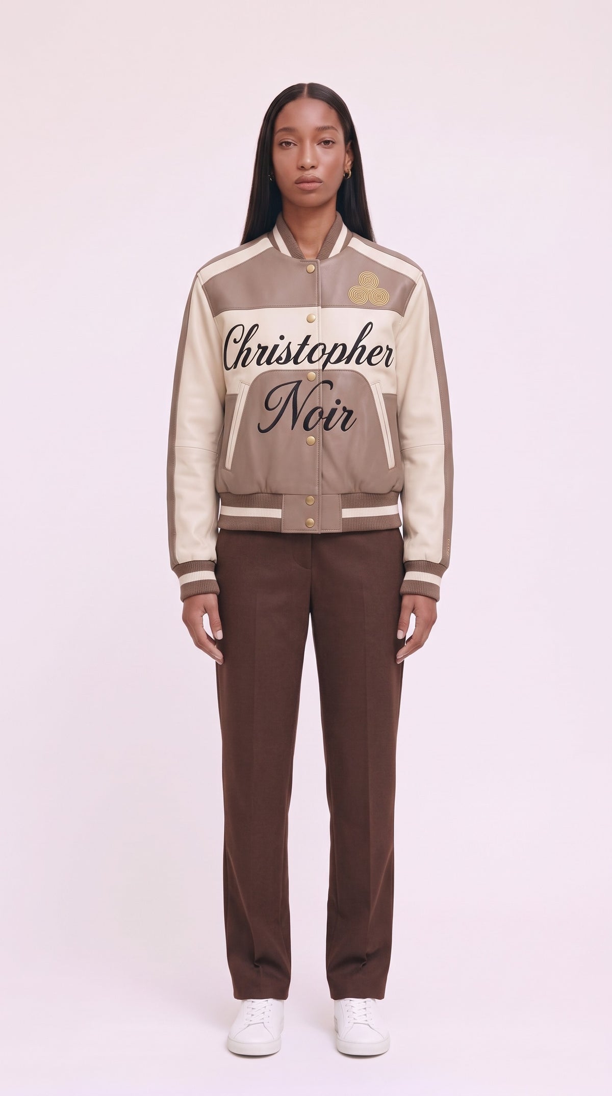 The Noir Shuna — Taupe & Cream Leather Signature Varsity Jacket – on model, Christopher Noir