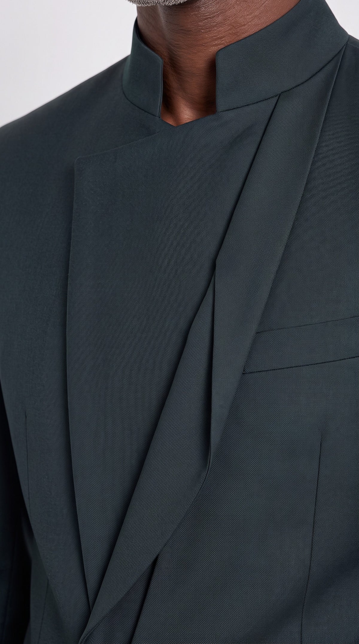 The Noir Sovereign Suit — Mandarin Collar Crossover Suit – fabric and tailoring detail close-up, Christopher Noir