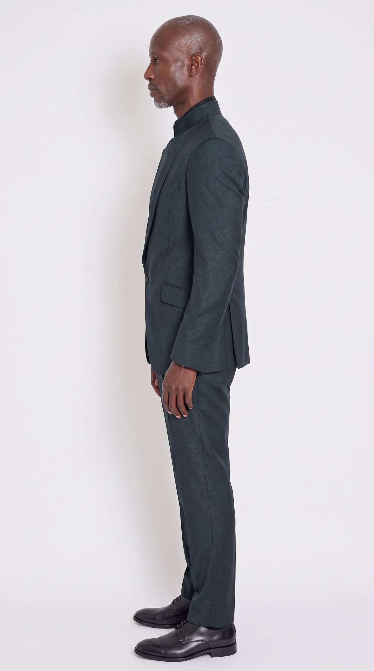 The Noir Sovereign Suit — Mandarin Collar Crossover Suit – side profile view, Christopher Noir