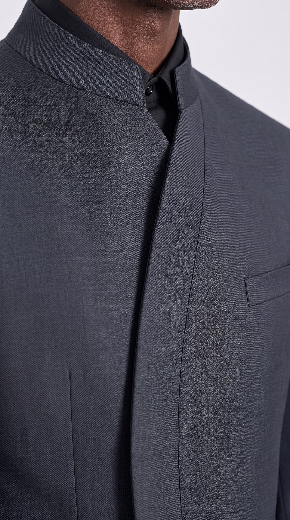 The Noir Spiral Suit — Circular-Arc Mandarin Suit – fabric and tailoring detail close-up, Christopher Noir