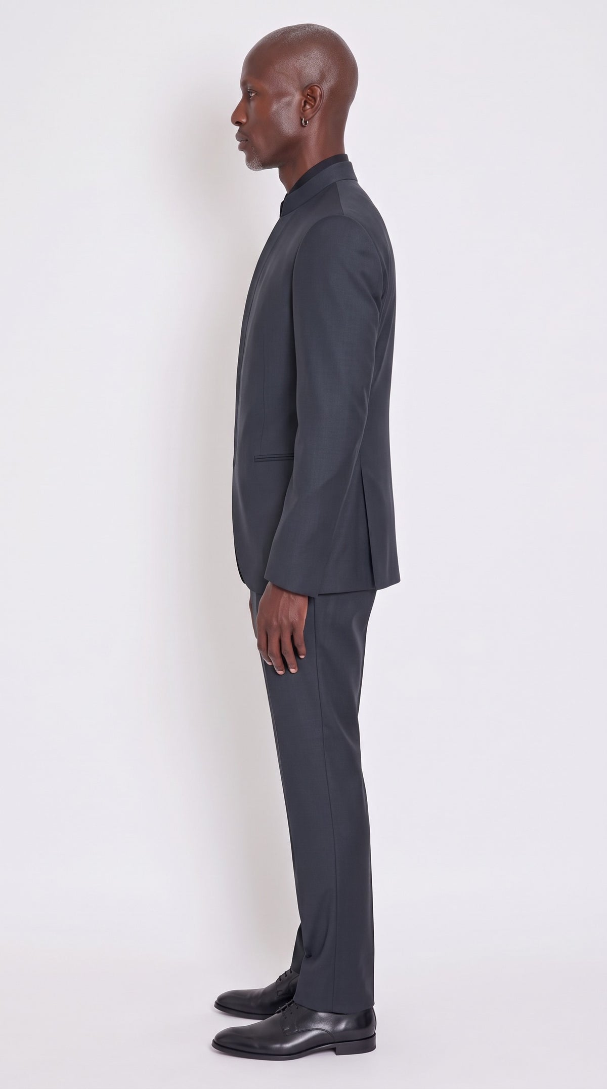 The Noir Spiral Suit — Circular-Arc Mandarin Suit – side profile view, Christopher Noir