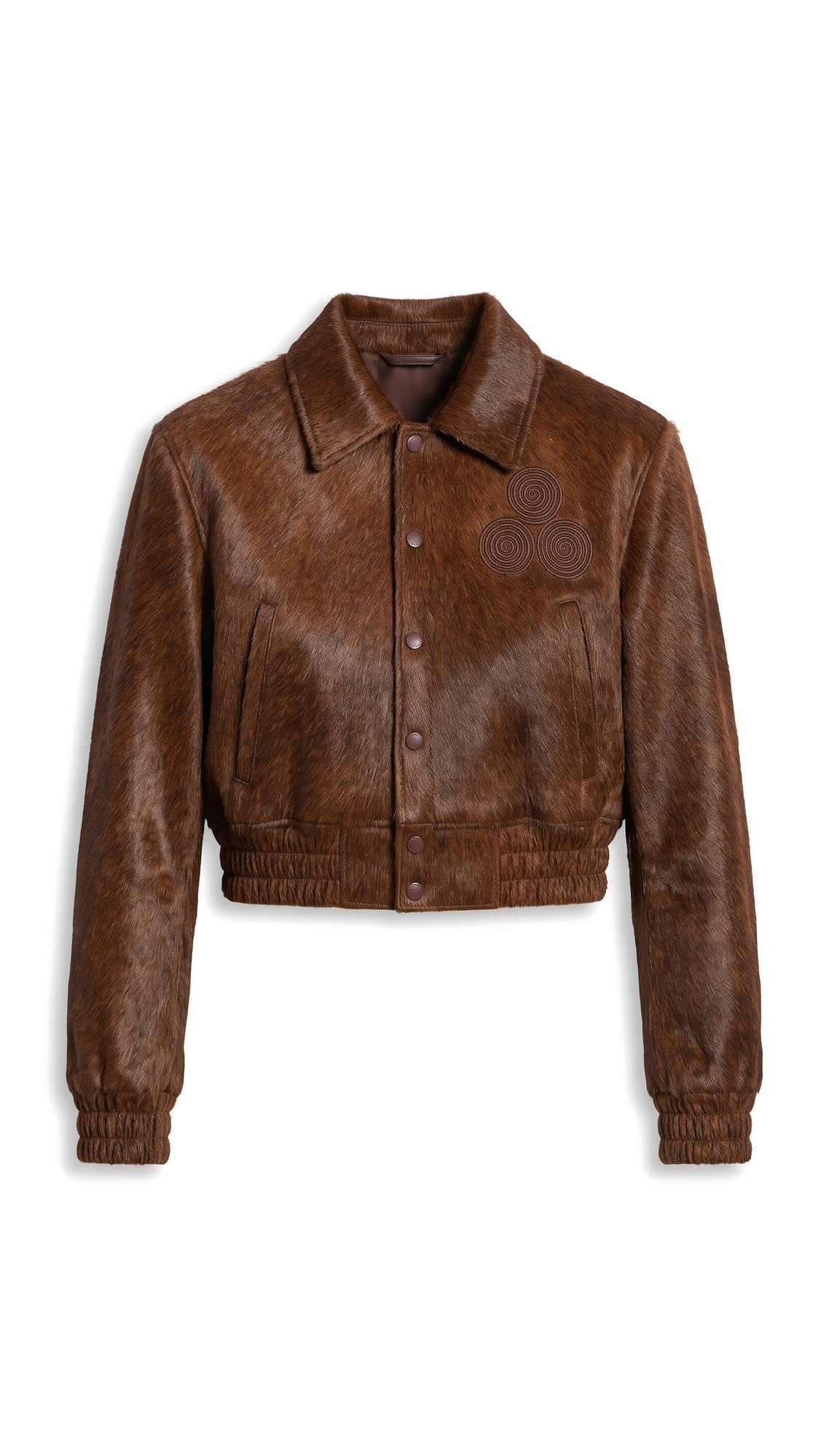 The Noir Taransay — Cognac Hair-On Calf Cropped Bomber Jacket – flatlay, Christopher Noir