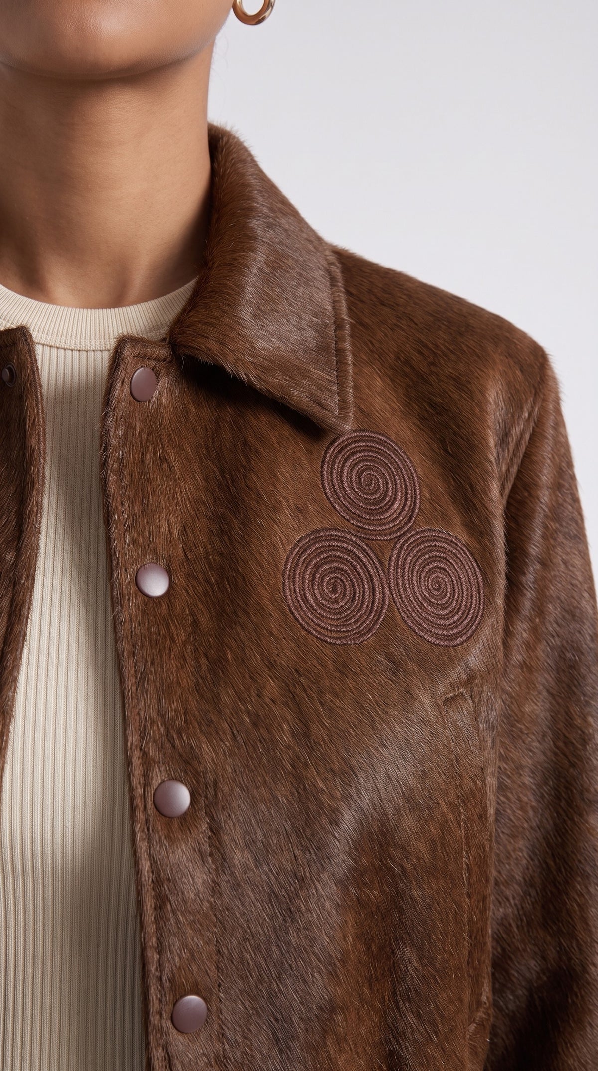 The Noir Taransay — Cognac Hair-On Calf Cropped Bomber Jacket – detail close-up, Christopher Noir
