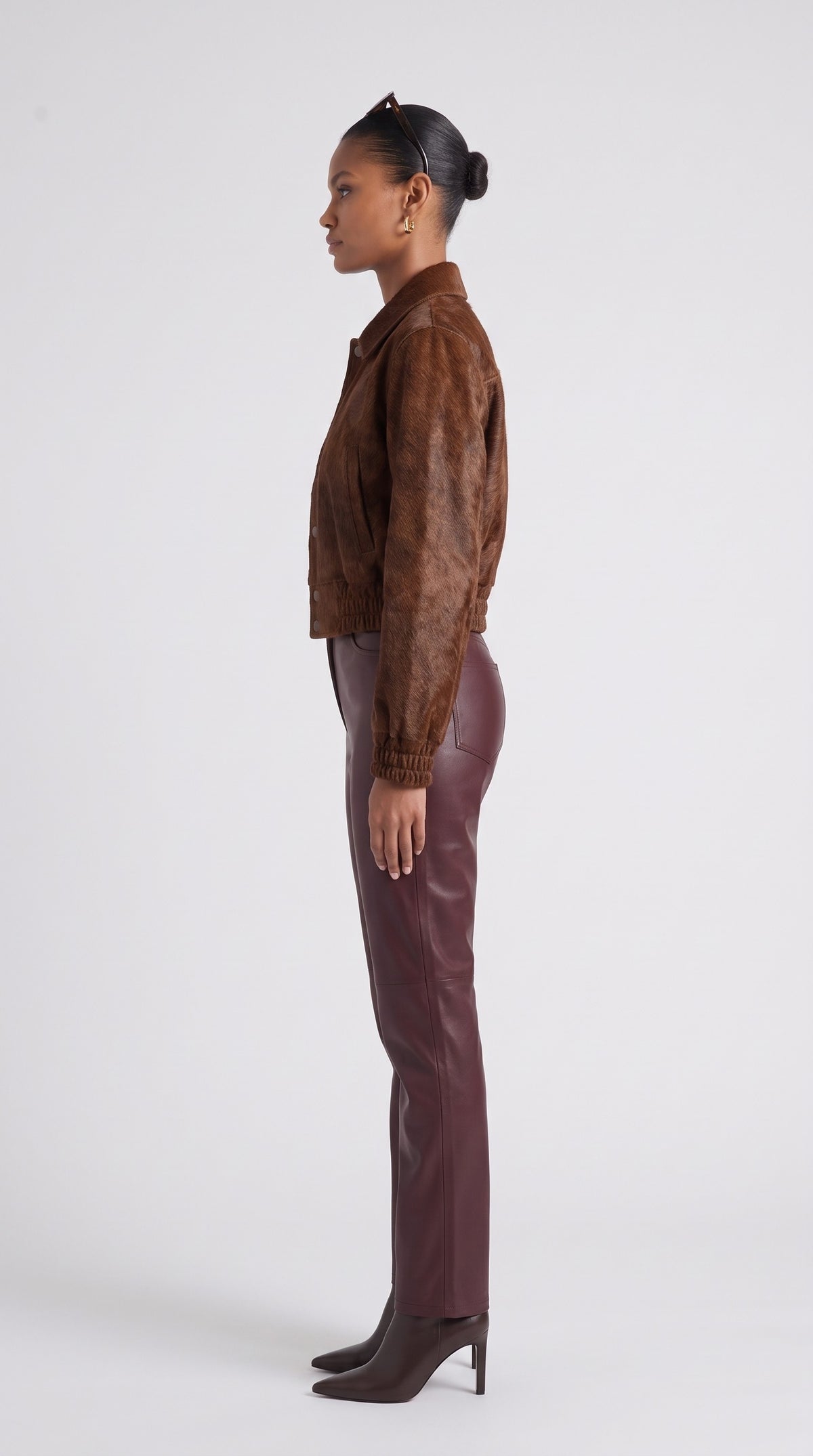 The Noir Taransay — Cognac Hair-On Calf Cropped Bomber Jacket – side profile, Christopher Noir