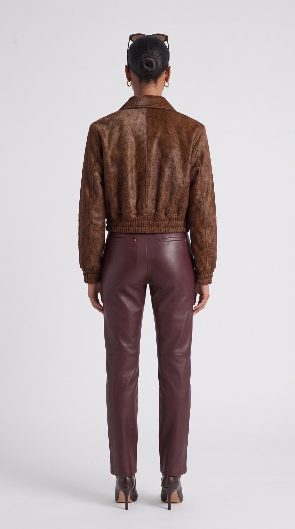 The Noir Taransay — Cognac Hair-On Calf Cropped Bomber Jacket – back view, Christopher Noir