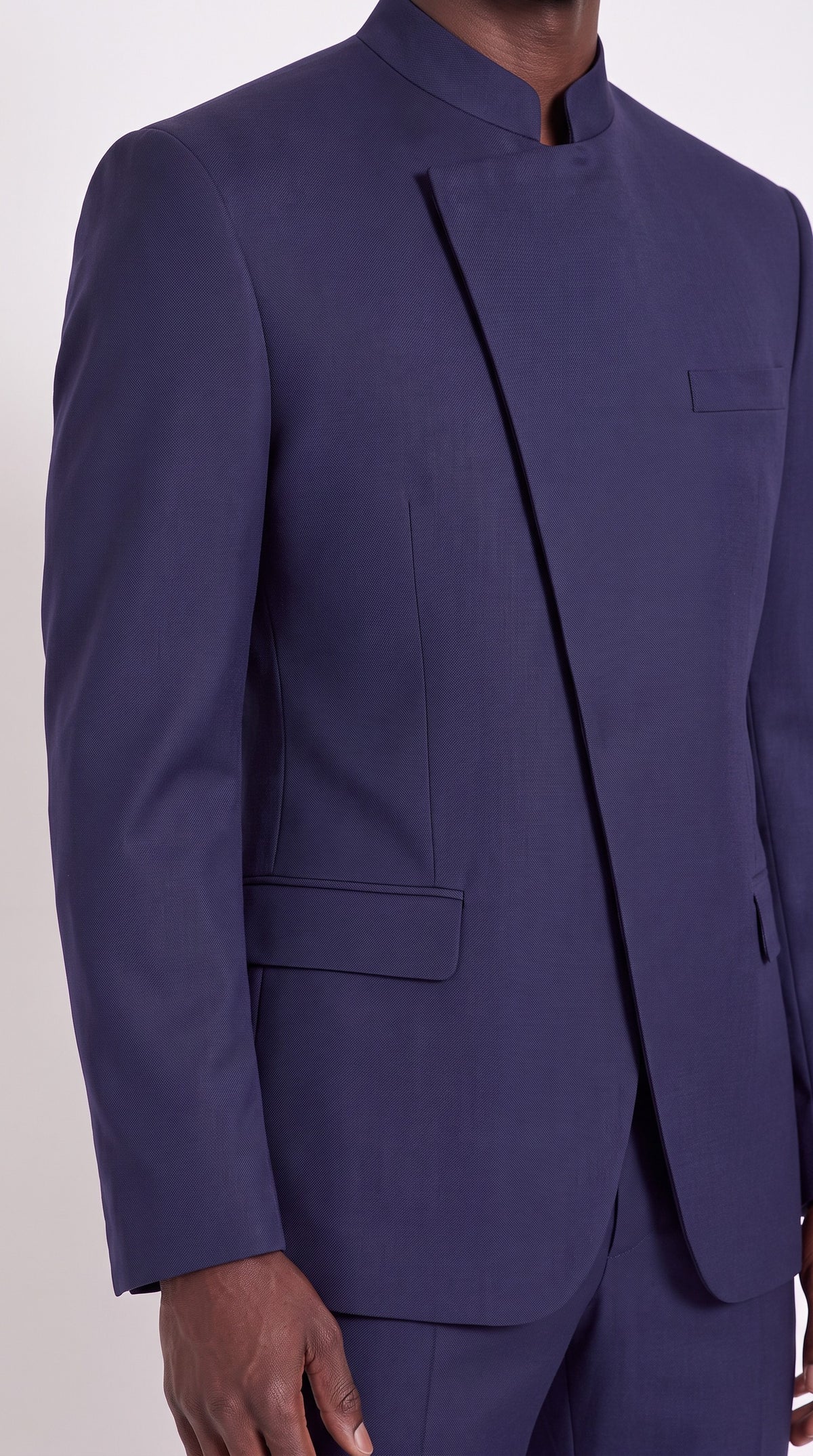 The Noir Vantage Suit — Navy Mandarin Collar Suit – fabric and tailoring detail close-up, Christopher Noir