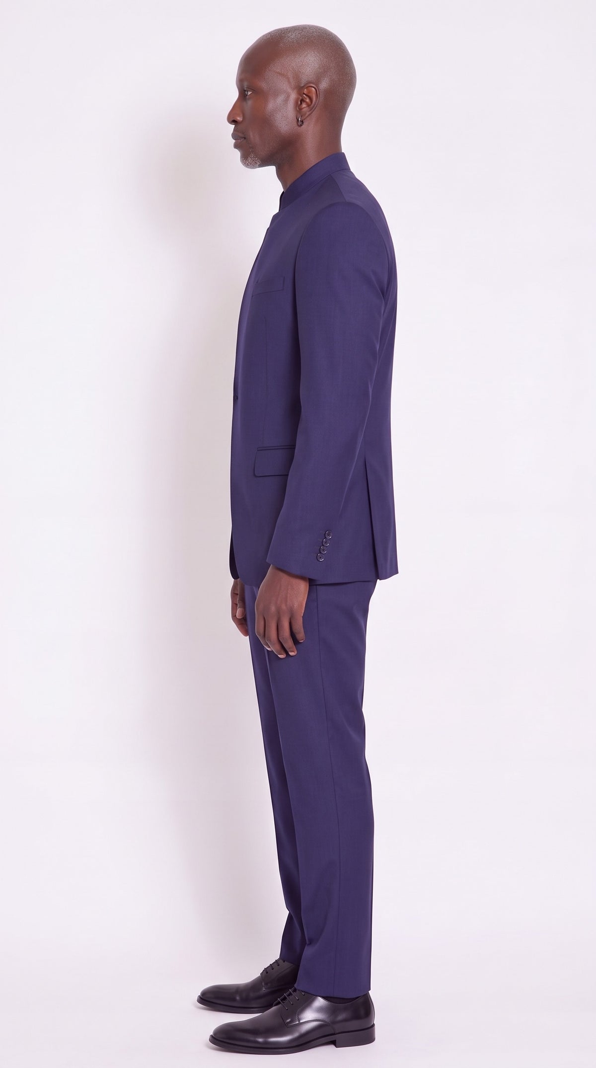 The Noir Vantage Suit — Navy Mandarin Collar Suit – side profile view, Christopher Noir
