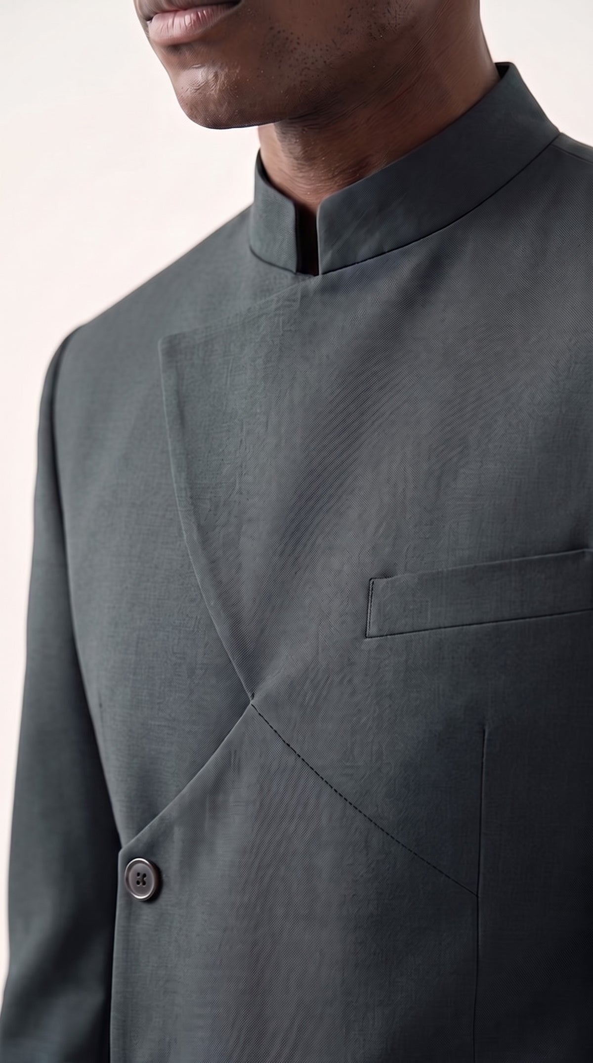The Noir Verdant Regent Suit — Green Mandarin Collar Suit – fabric and tailoring detail close-up, Christopher Noir