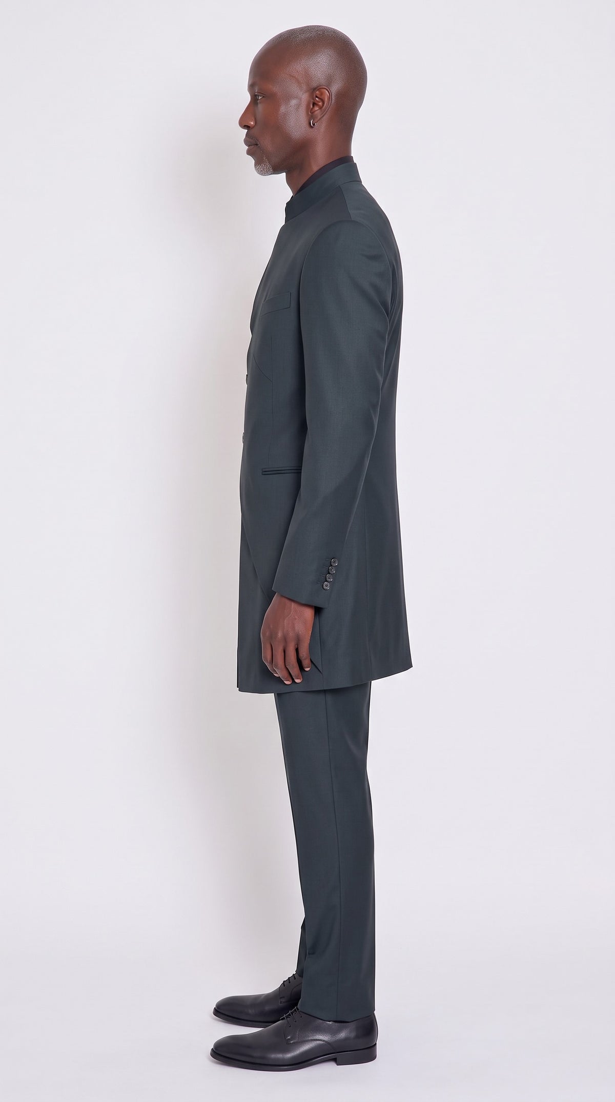 The Noir Verdant Regent Suit — Green Mandarin Collar Suit – side profile view, Christopher Noir