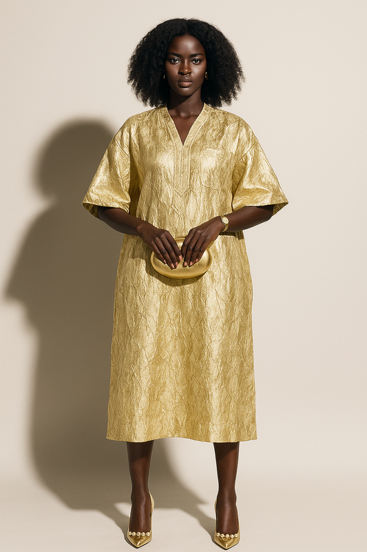 Cream White and Gold Stripes African Damask Bubu Boubou African Elegant Event Dress