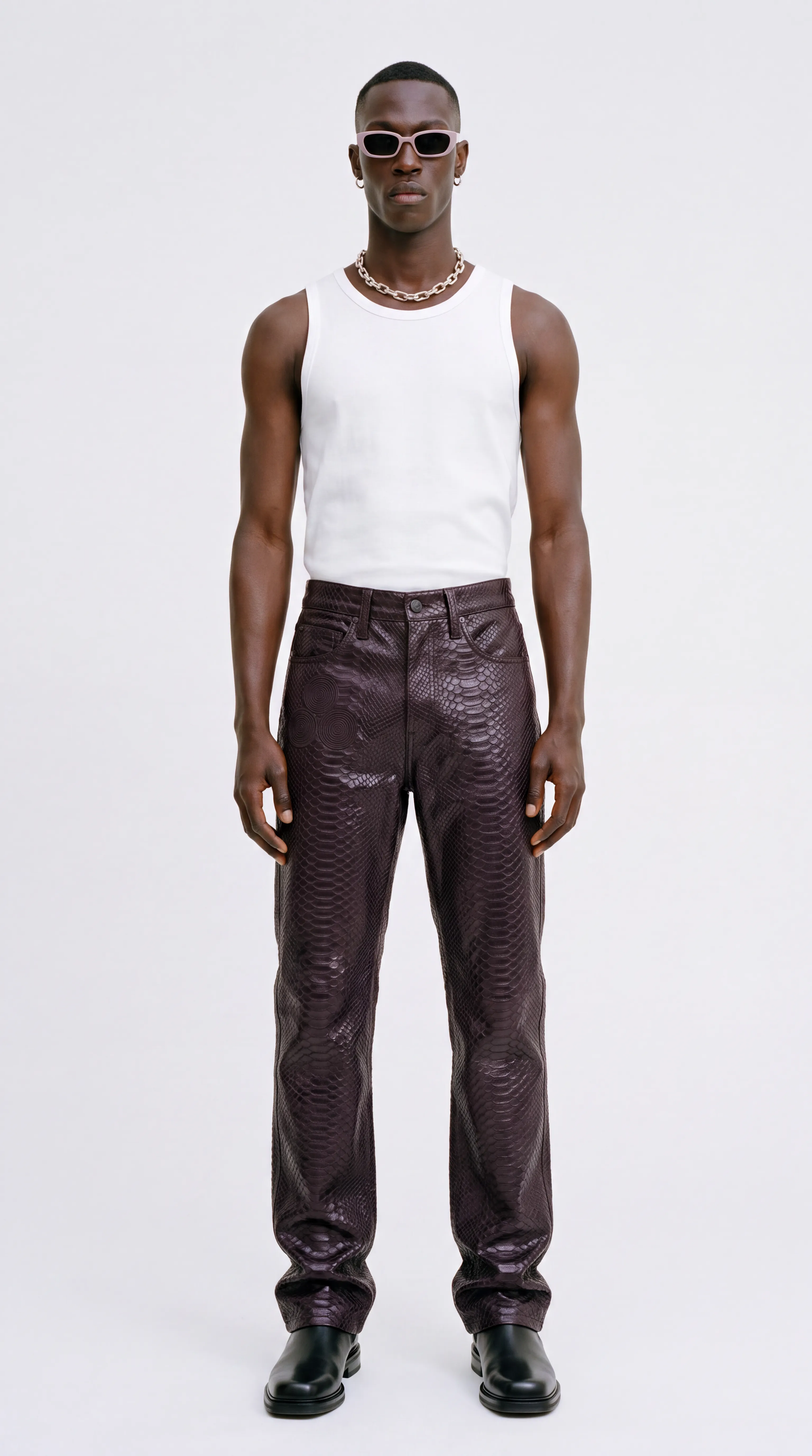 The Noir Serpent Matte — Python-Embossed Leather Straight-Leg Jeans